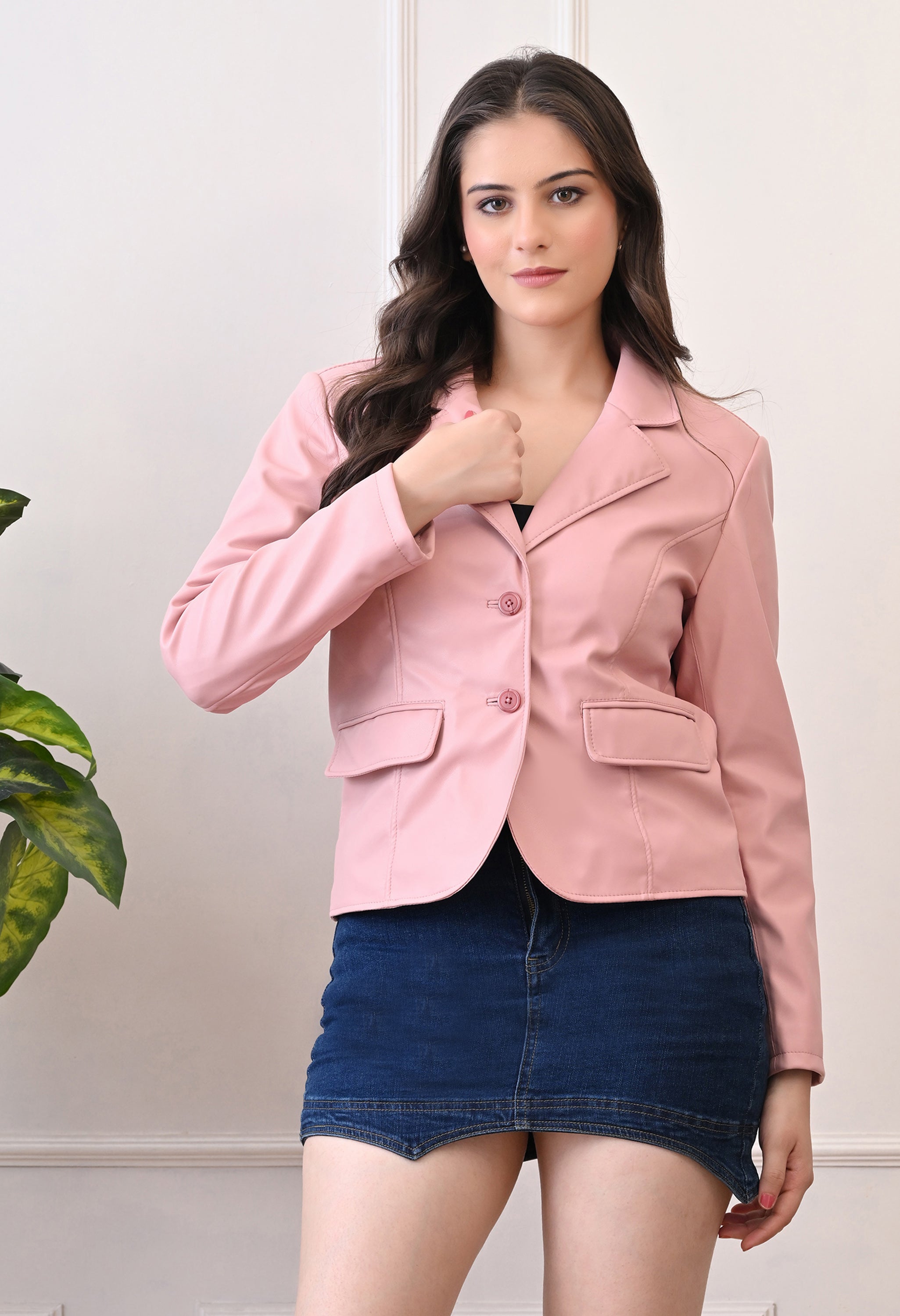 Lapel Collar Leather Water Resistant Crop Outdoor Bomber Pink Jacket For Women