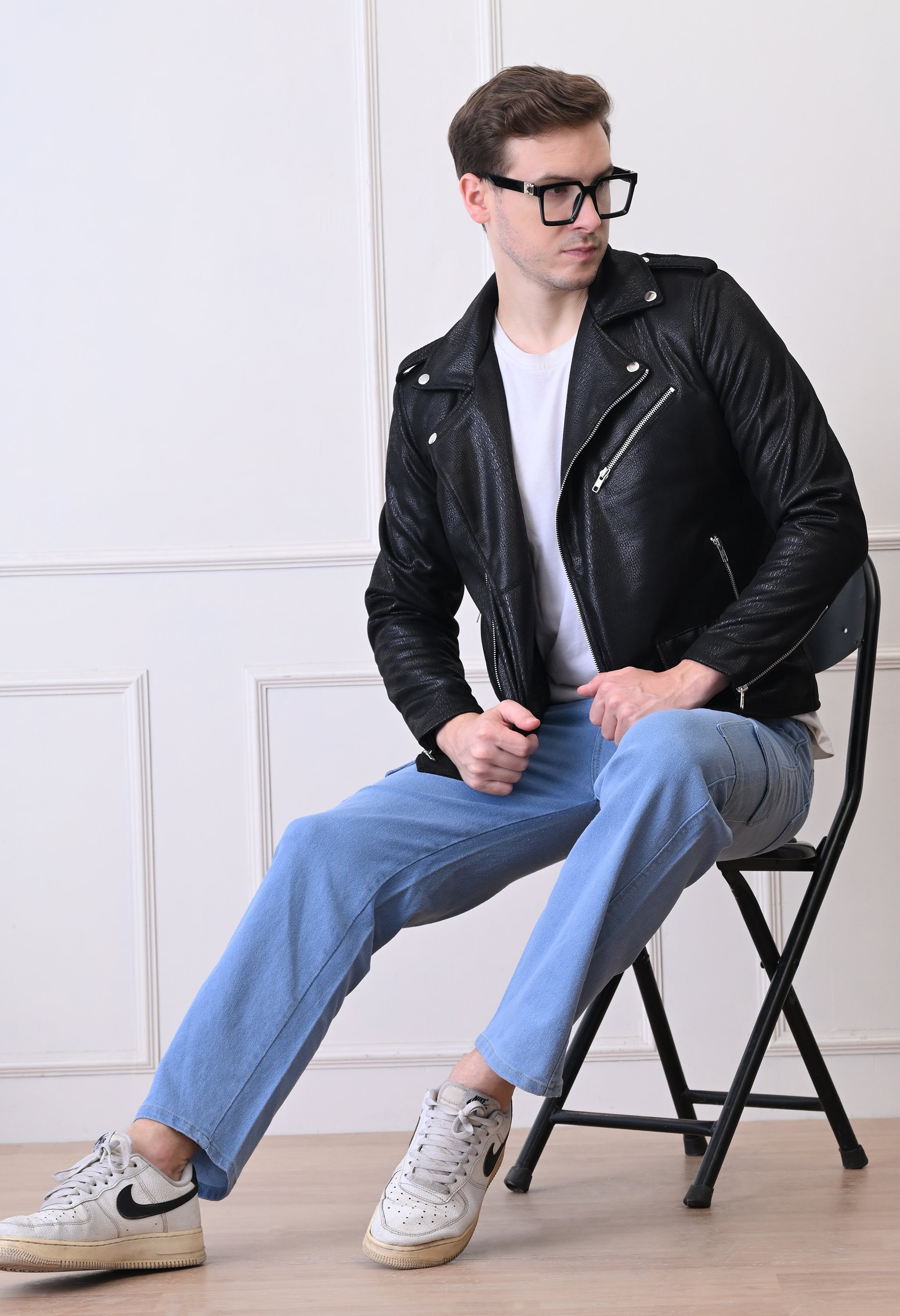 Men Lapel Collar Solid Water Resistant Leather Jacket