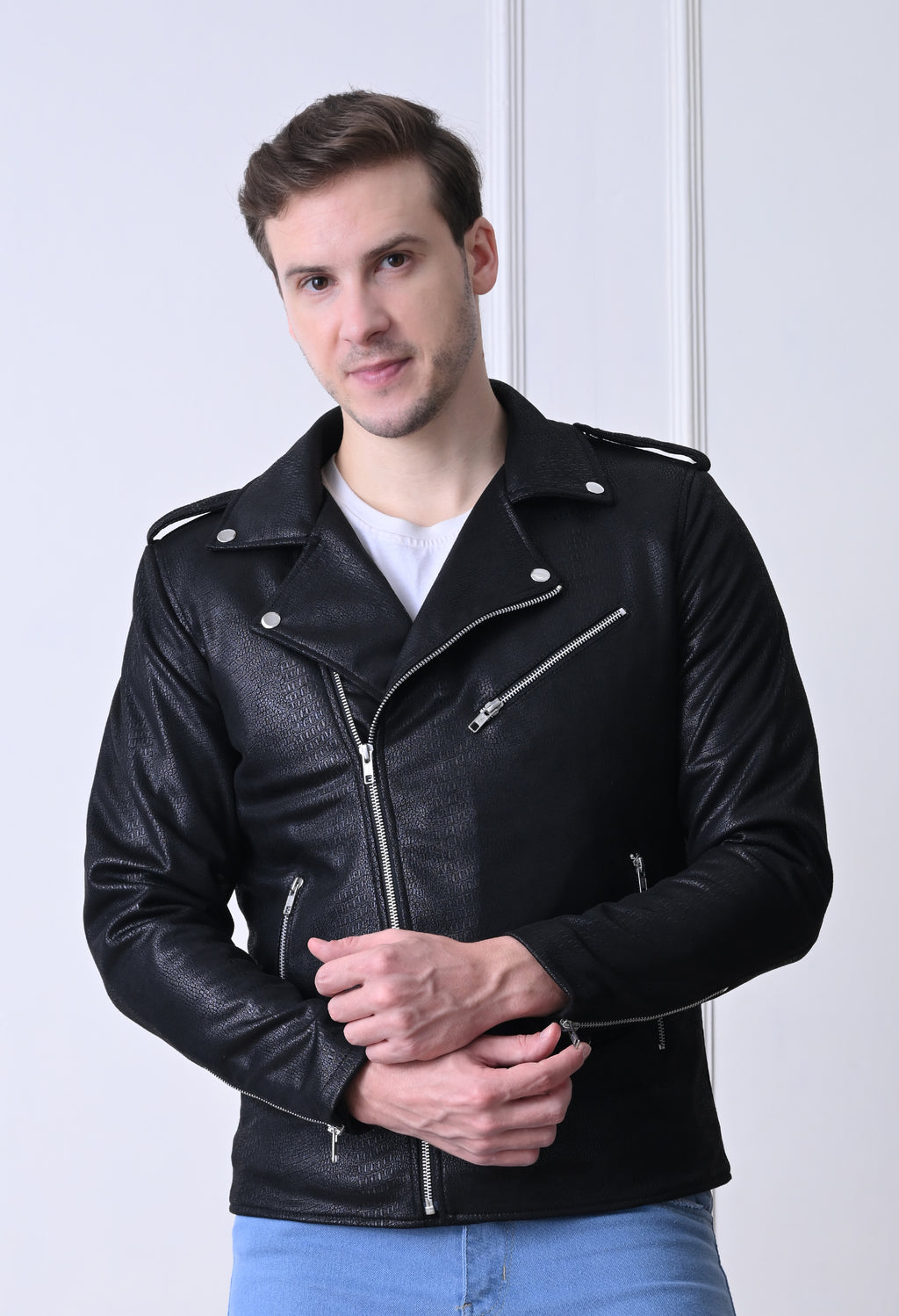 Men Lapel Collar Solid Water Resistant Leather Jacket