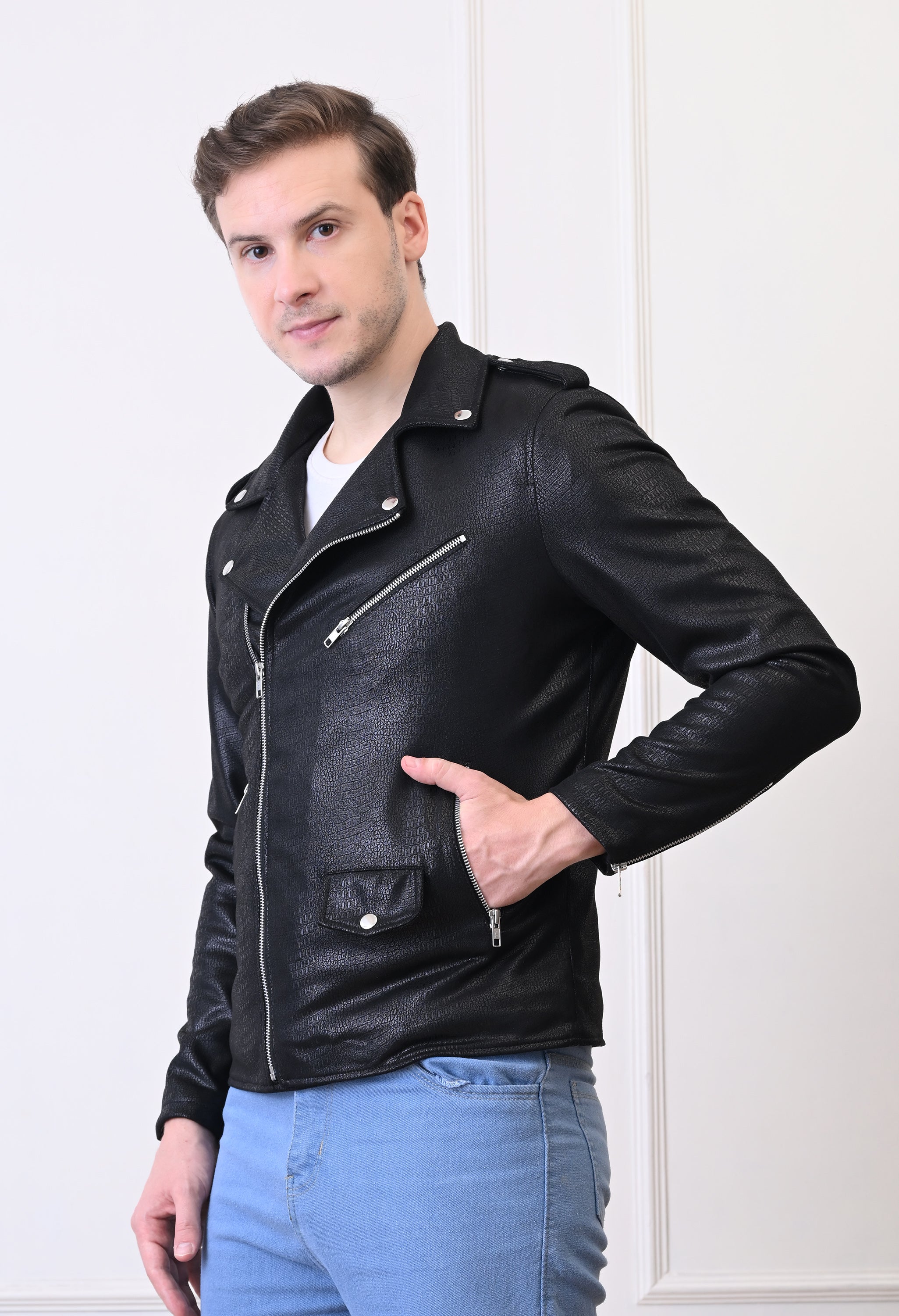 Men Lapel Collar Solid Water Resistant Leather Jacket