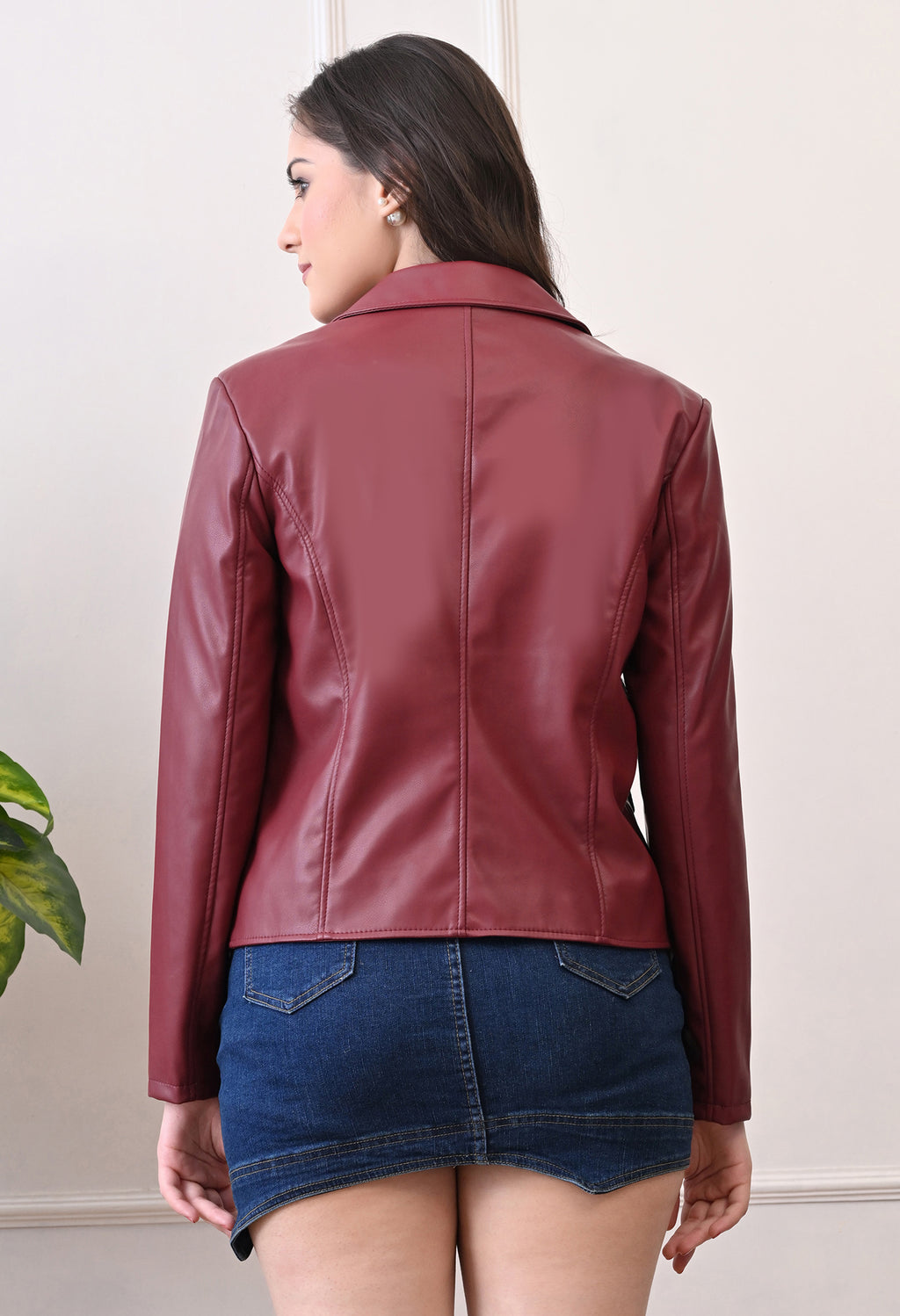 Lapel Collar Leather Water Resistant Crop Outdoor Bomber Maroon Jacket For Women