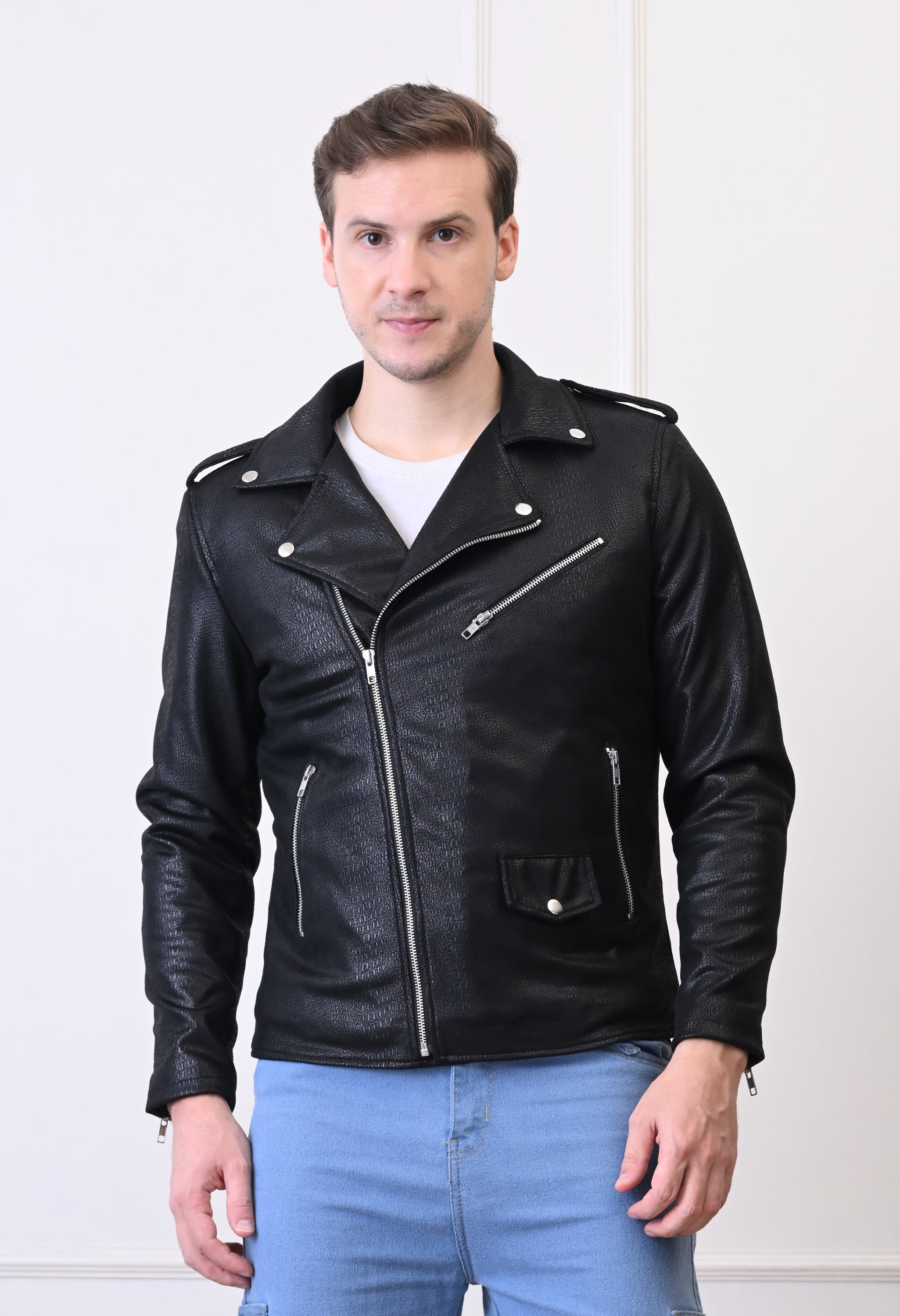Men Lapel Collar Solid Water Resistant Leather Jacket