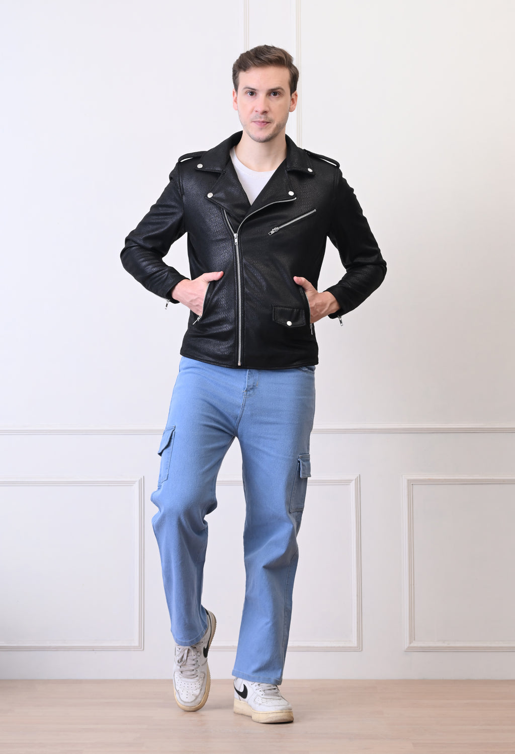 Men Lapel Collar Solid Water Resistant Leather Jacket