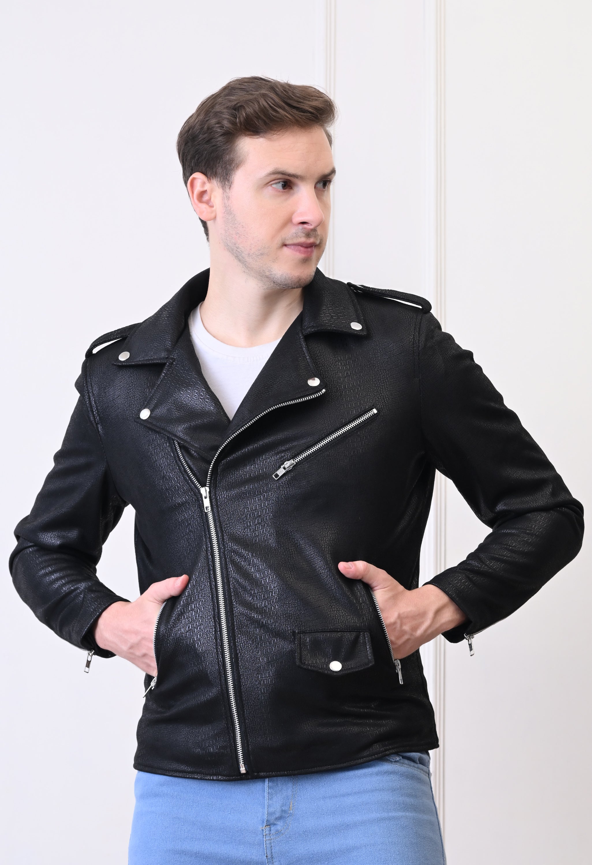 Men Lapel Collar Solid Water Resistant Leather Jacket