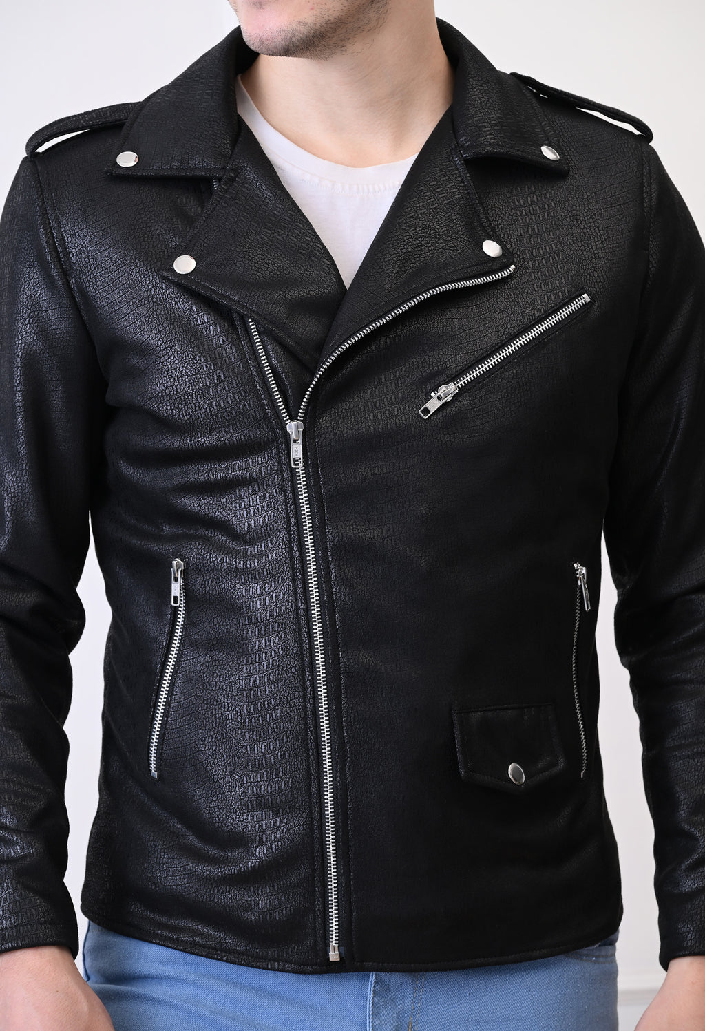 Men Lapel Collar Solid Water Resistant Leather Jacket