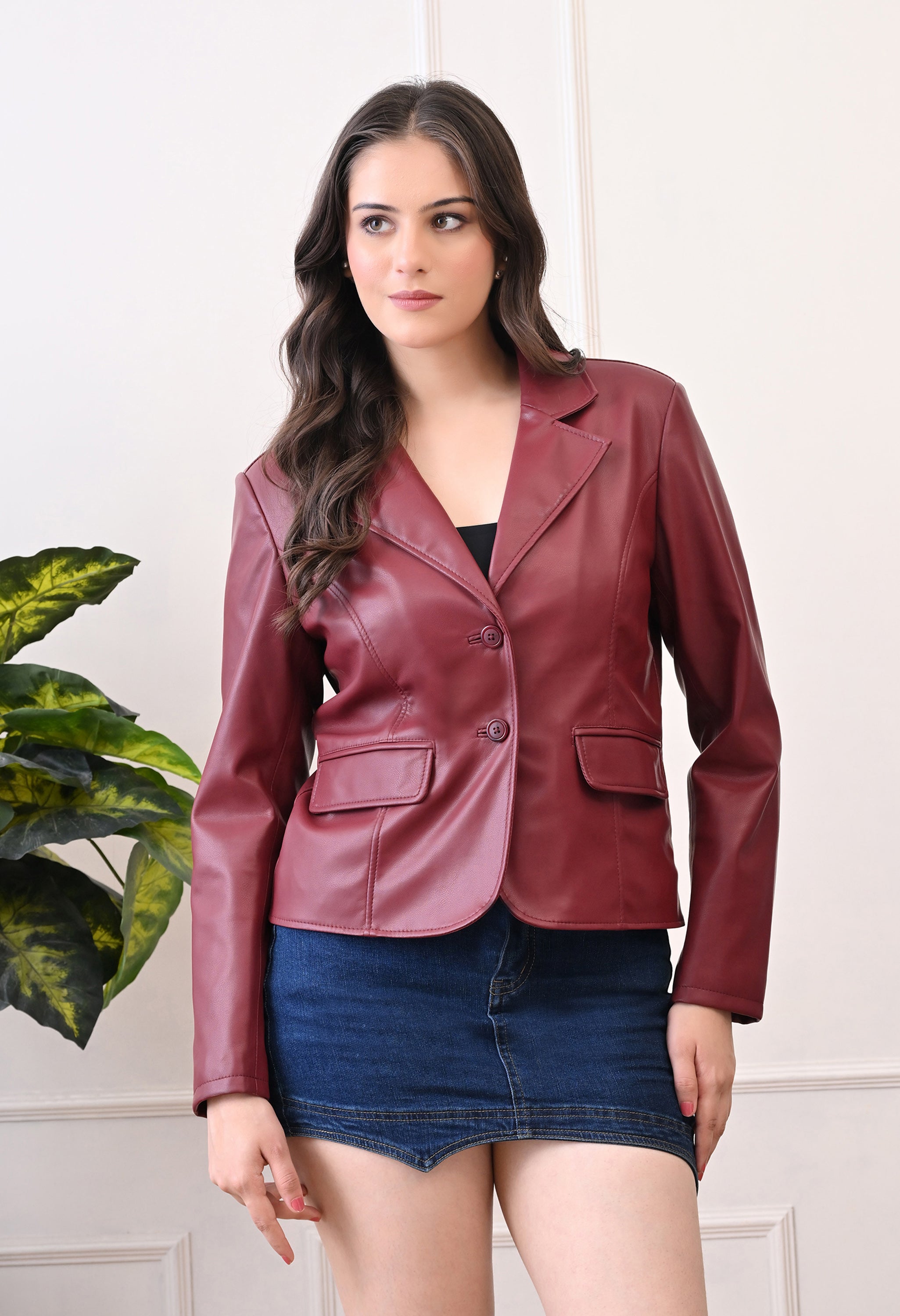 Lapel Collar Leather Water Resistant Crop Outdoor Bomber Maroon Jacket For Women