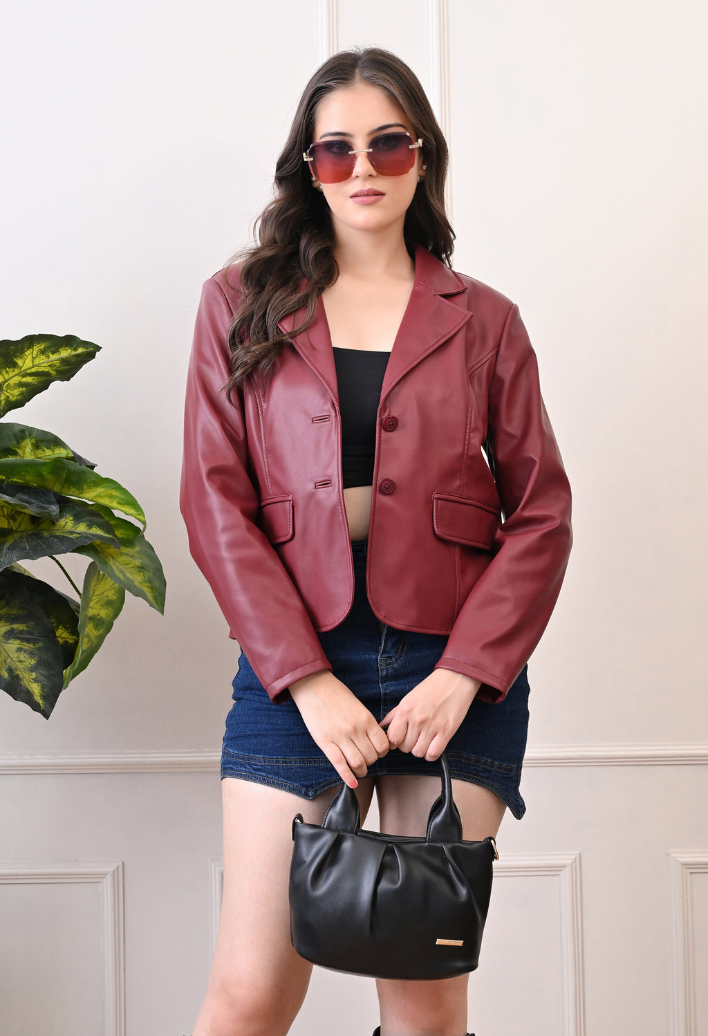 Lapel Collar Leather Water Resistant Crop Outdoor Bomber Maroon Jacket For Women