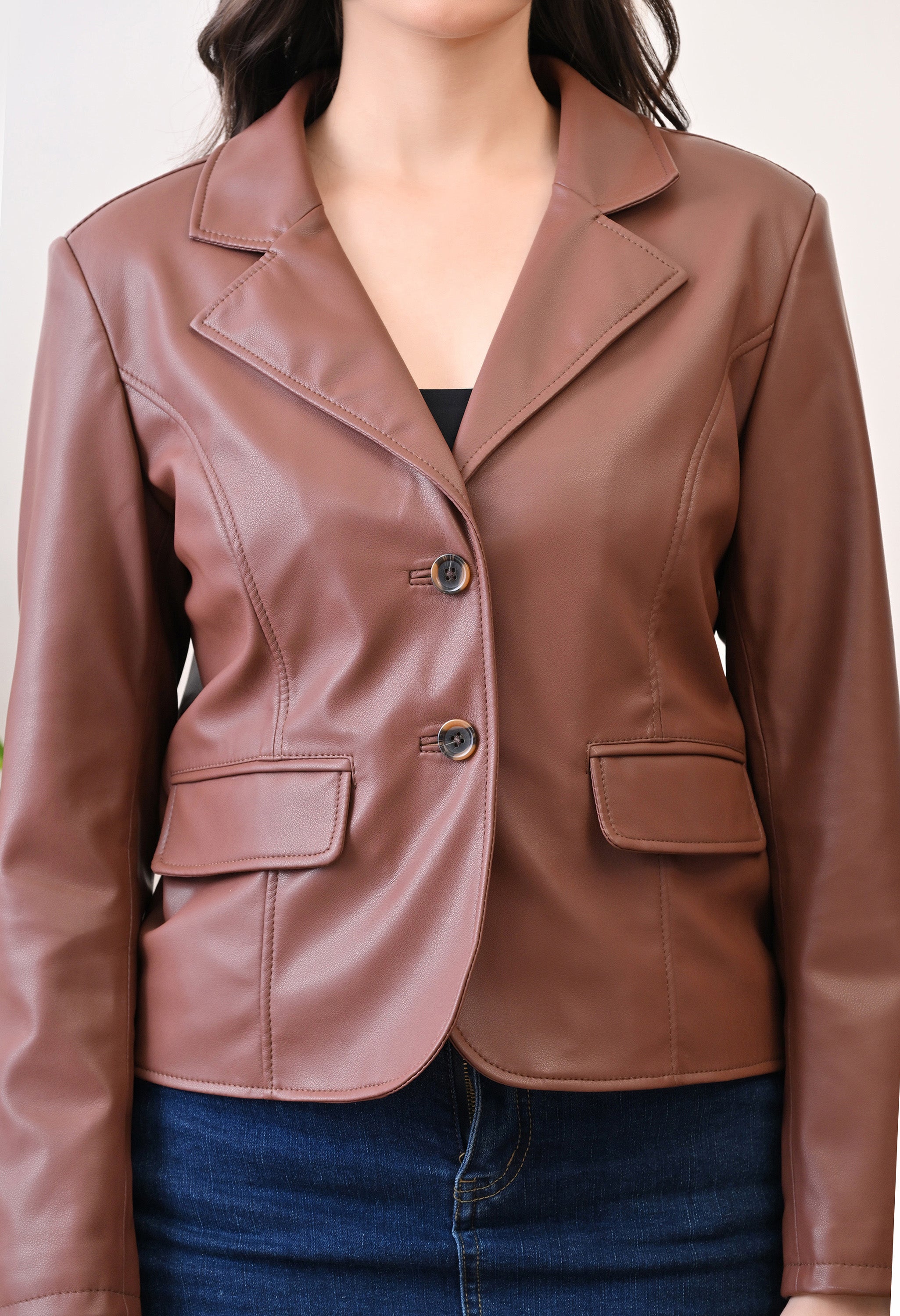 Lapel Collar Leather Water Resistant Crop Outdoor Bomber Tan Jacket For Women.