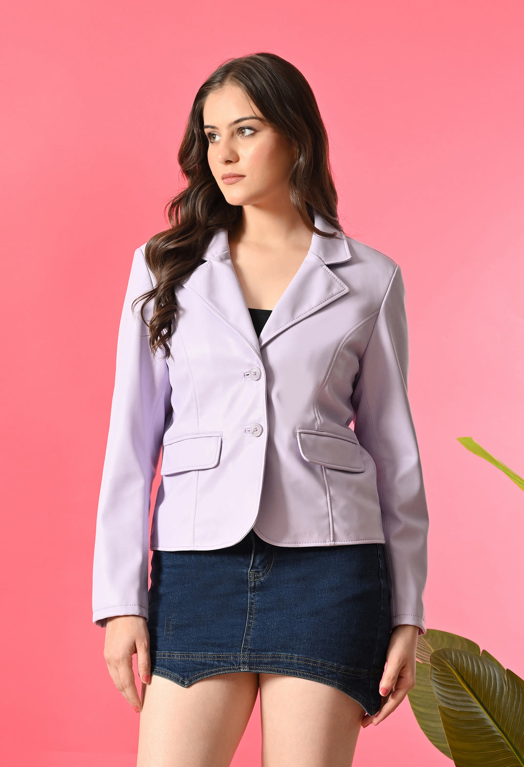 Lapel Collar Leather Water Resistant Crop Outdoor Bomber Lavender Jacket For Women.