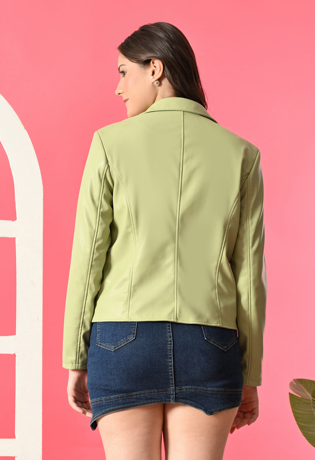 Lapel Collar Leather Water Resistant Crop Outdoor Bomber Neon Jacket For Women.