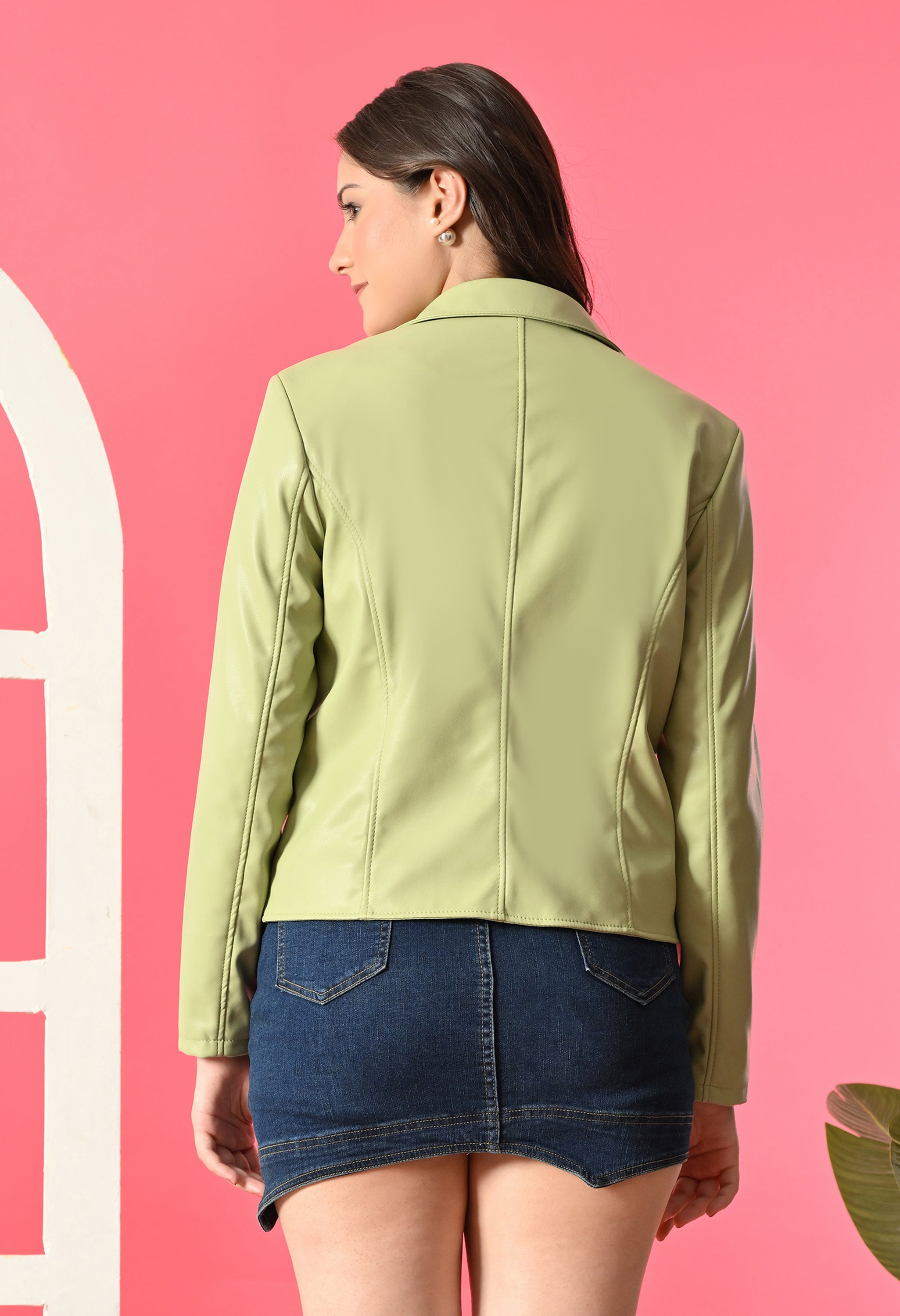 Lapel Collar Leather Water Resistant Crop Outdoor Bomber Neon Jacket For Women.