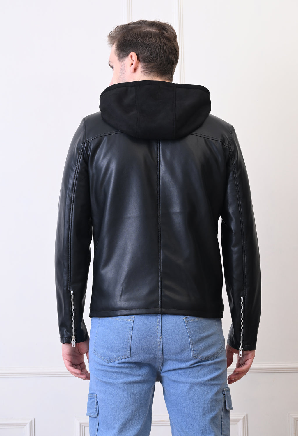 Men Hood Collar Solid Casual Biker Jacket
