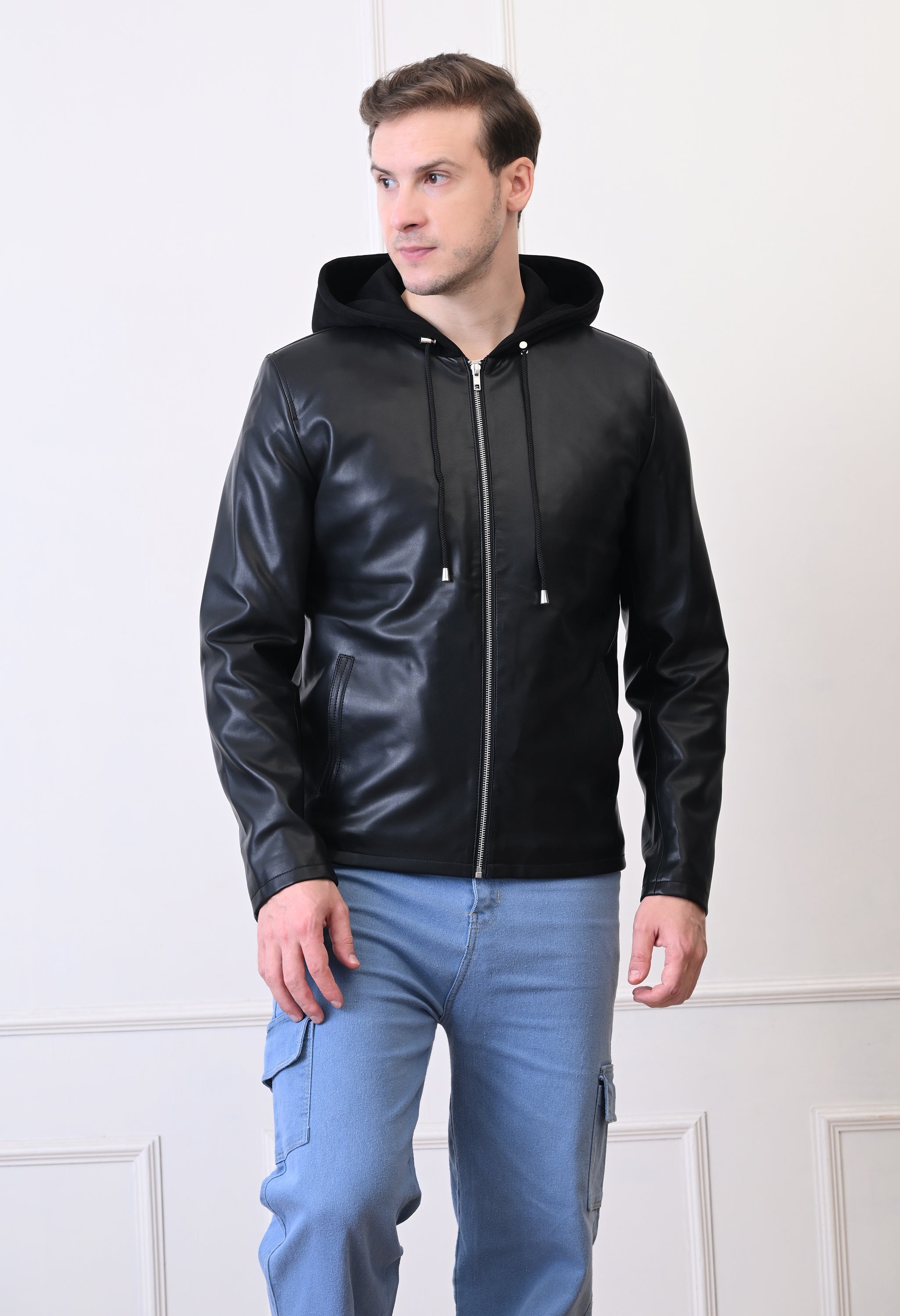 Men Hood Collar Solid Casual Black Biker Jacket