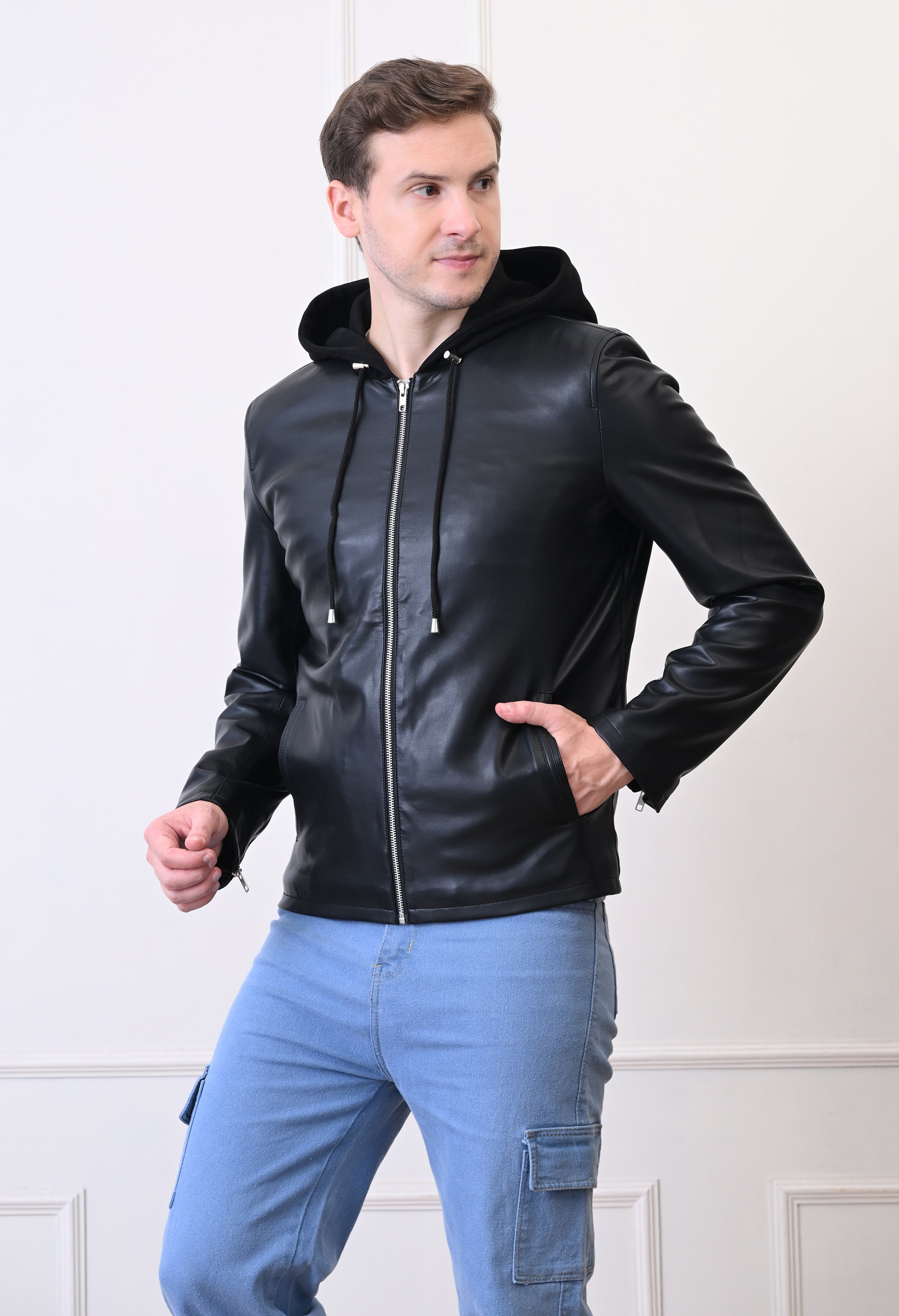 Men Hood Collar Solid Casual Biker Jacket