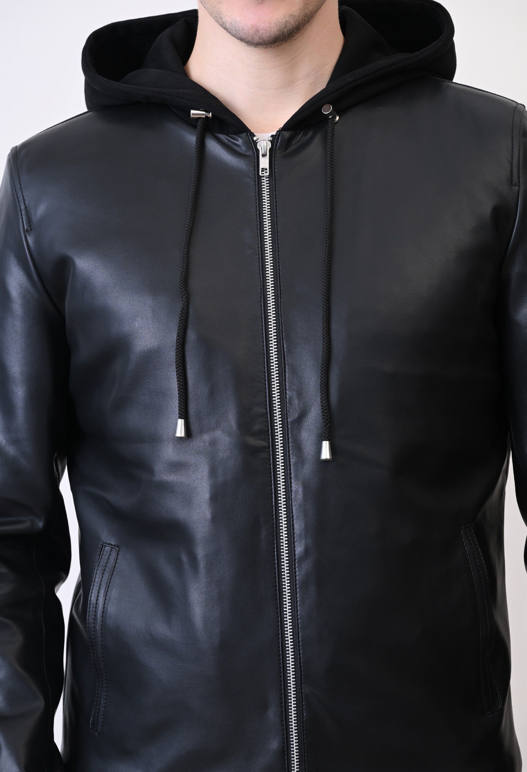 Men Hood Collar Solid Casual Biker Jacket