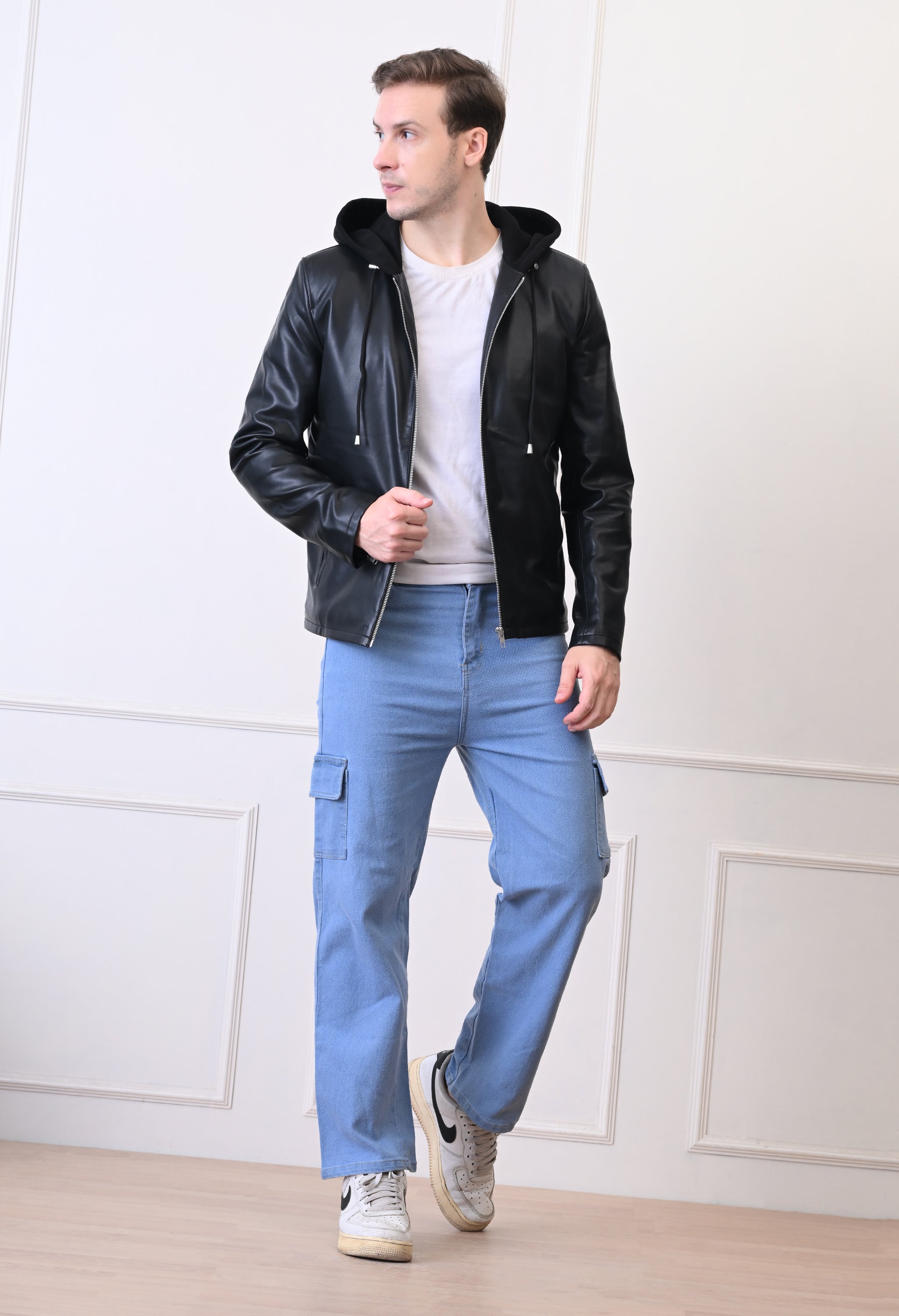 Men Hood Collar Solid Casual Biker Jacket