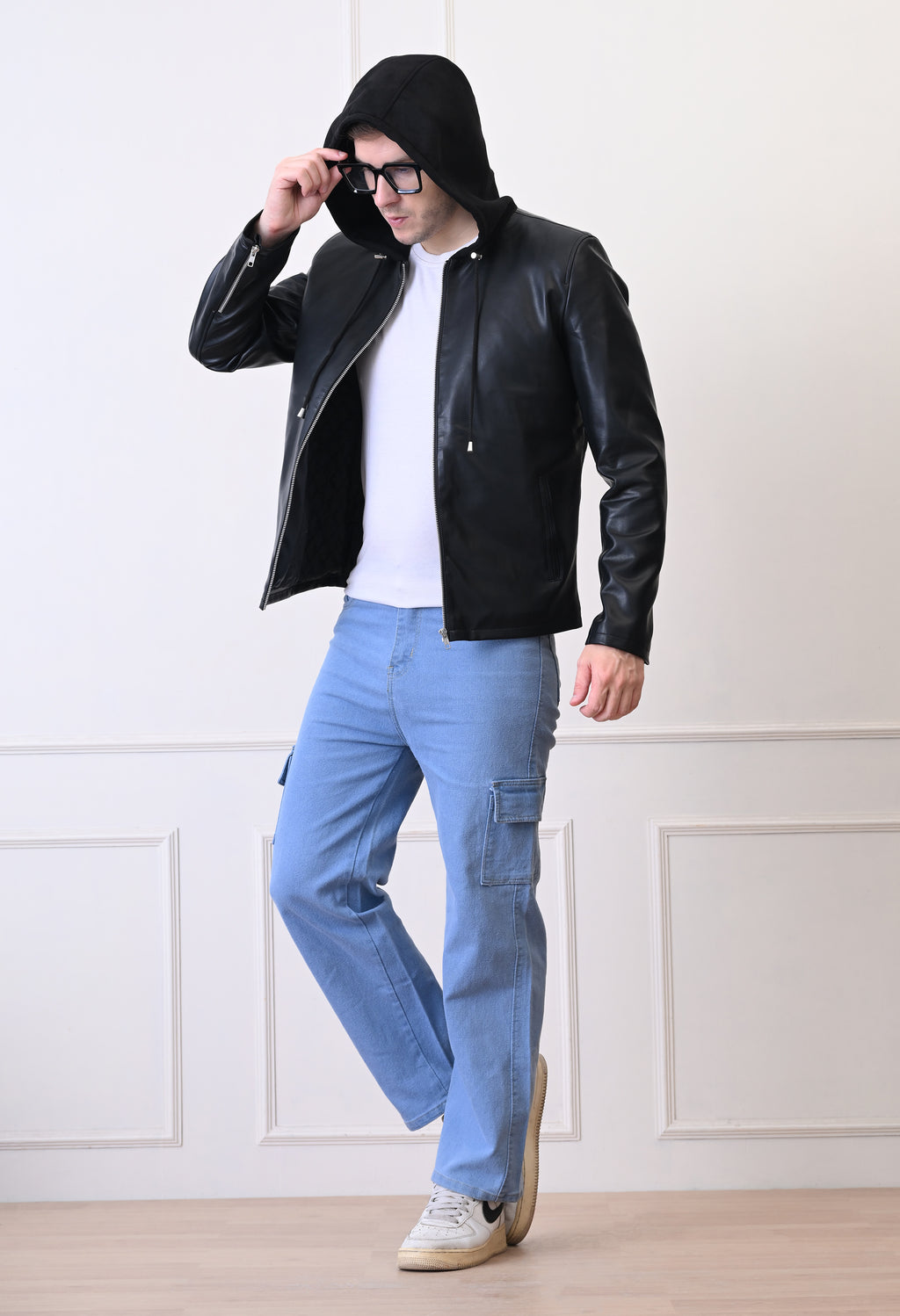 Men Hood Collar Solid Casual Biker Jacket