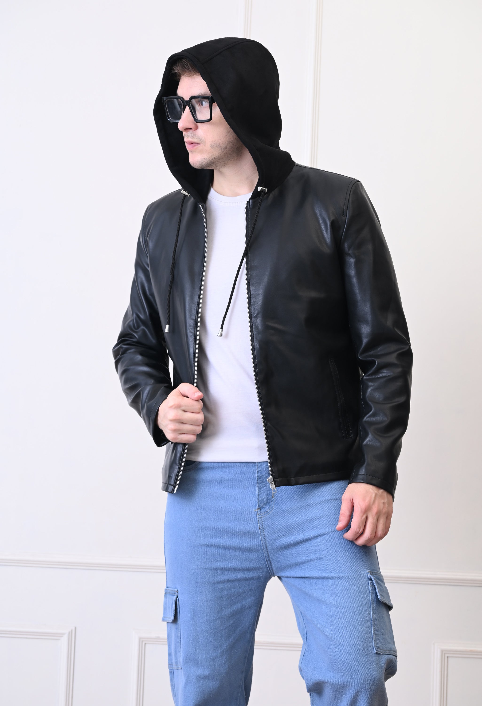 Men Hood Collar Solid Casual Biker Jacket