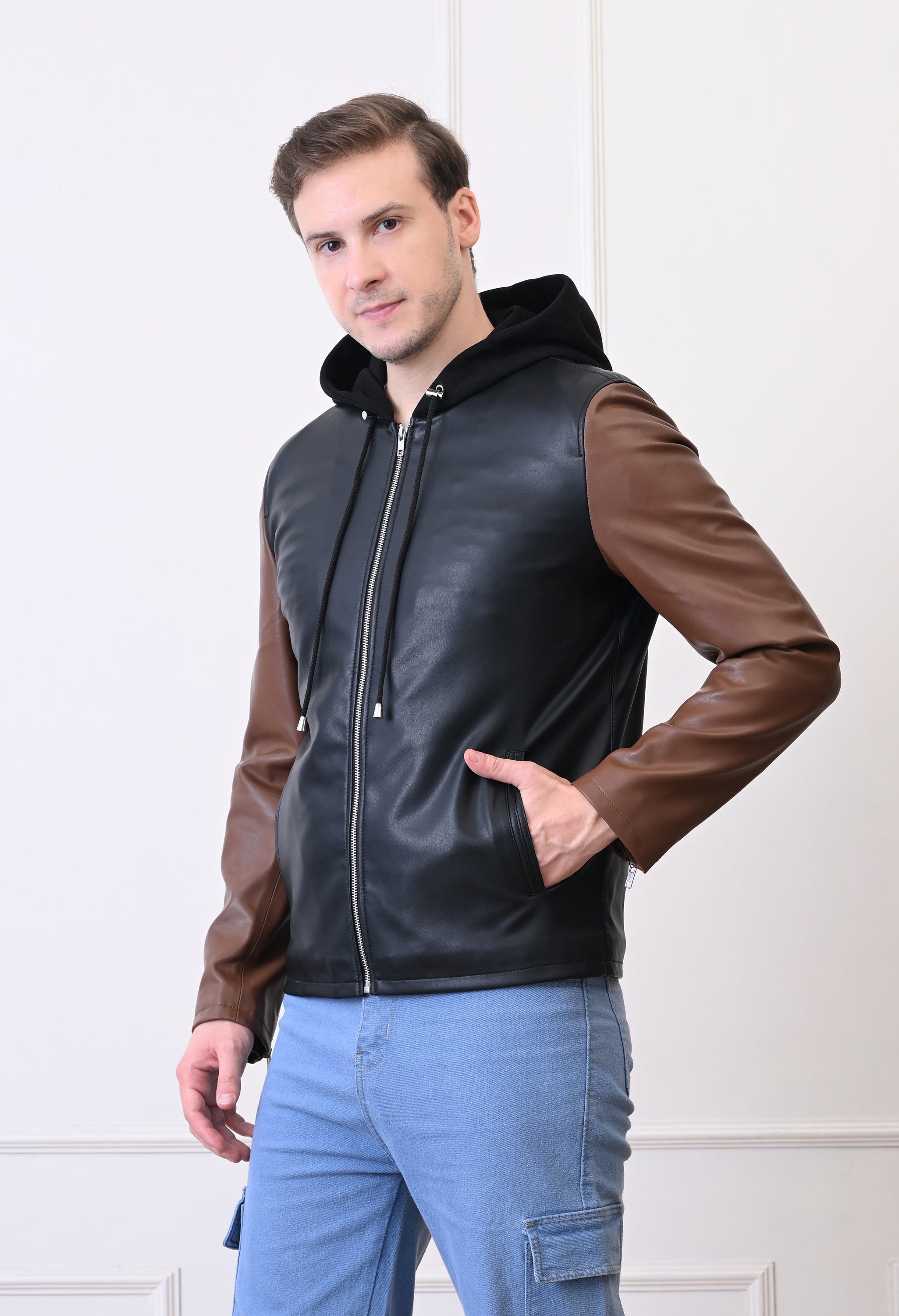 Men Hood Collar Solid Casual Biker Jacket