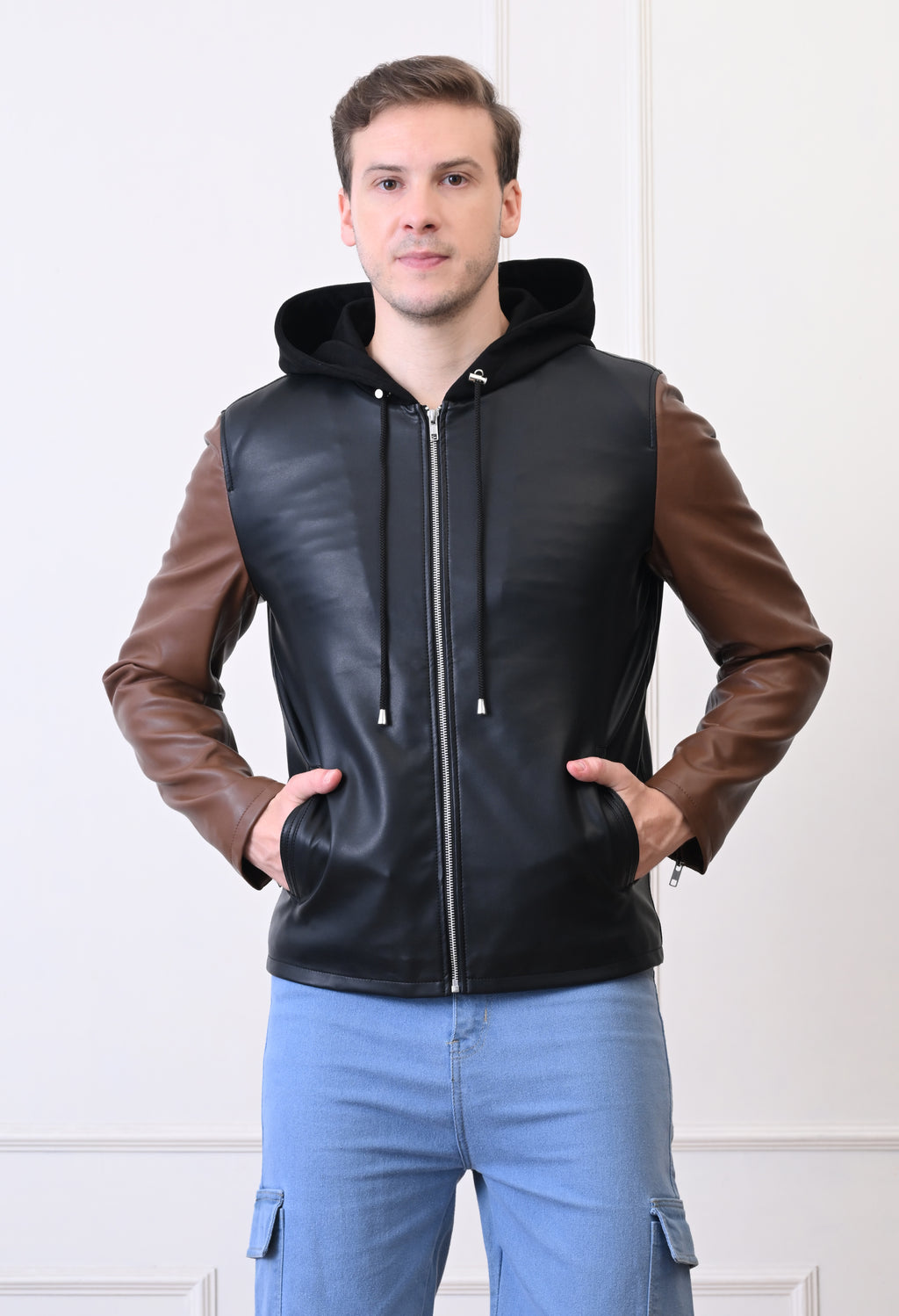 Men Hood Collar Solid Casual Biker Jacket