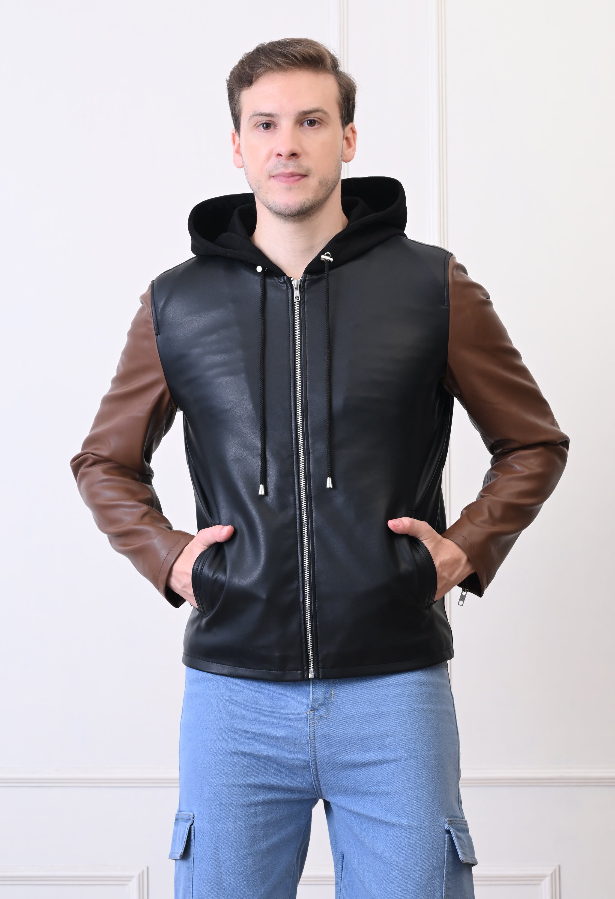 Men Hood Collar Solid Casual Biker Jacket