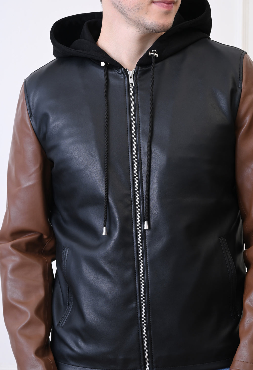 Men Hood Collar Solid Casual Biker Jacket