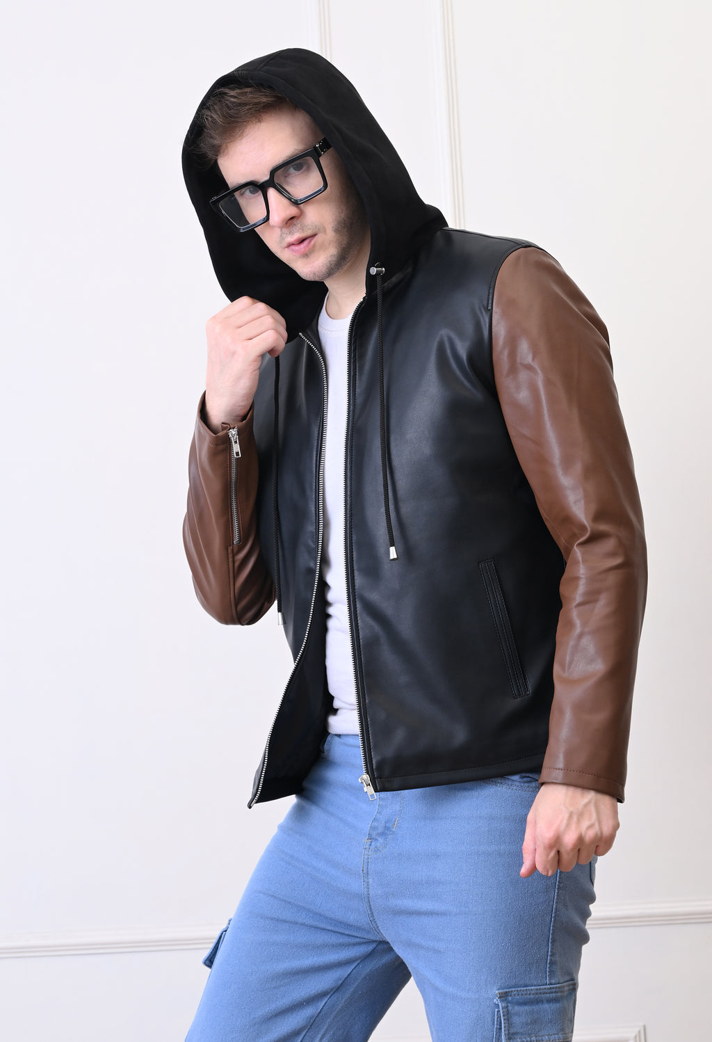 Men Hood Collar Solid Casual Biker Jacket