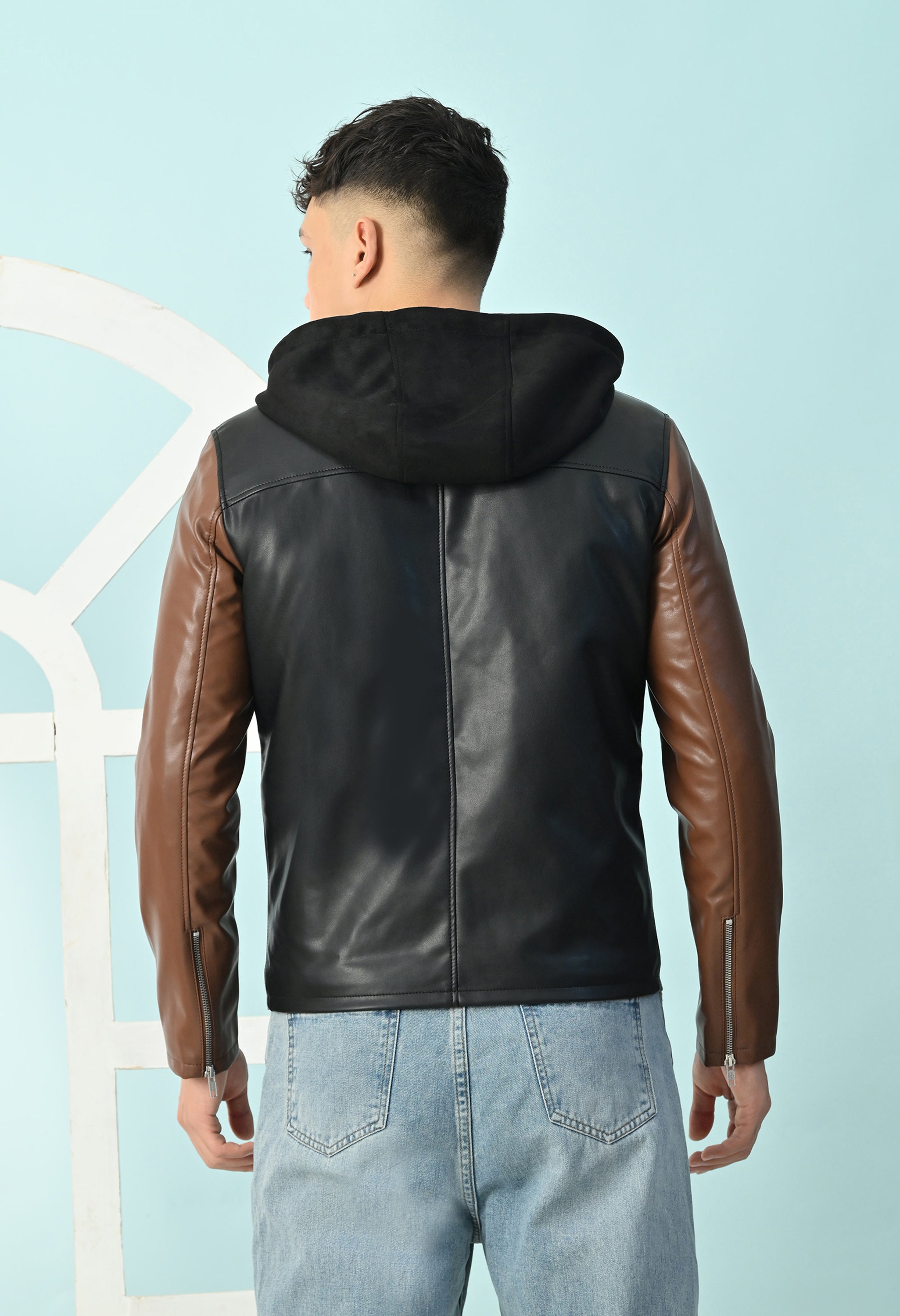 Men Hooded Colourblocked Water Resistant Black&Tan Leather Jacket