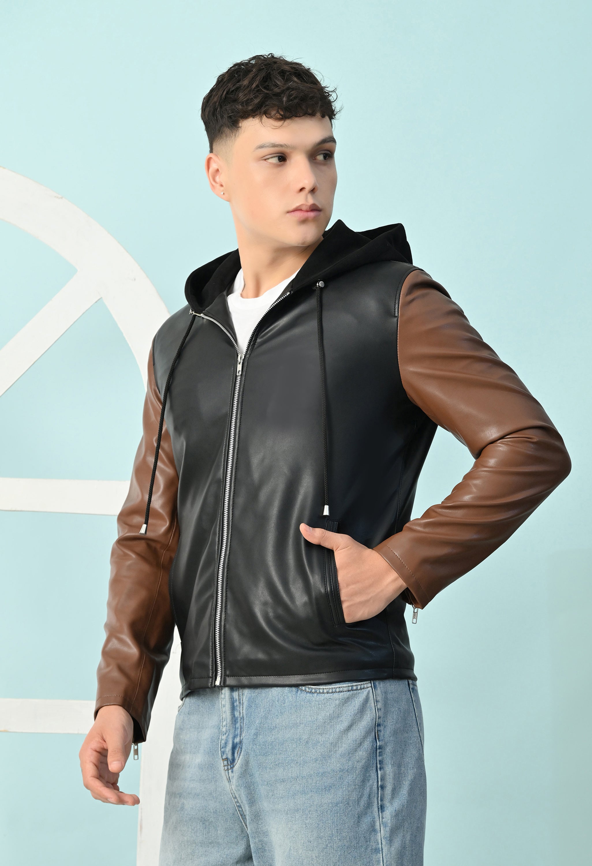 Men Hooded Colourblocked Water Resistant Black&Tan Leather Jacket