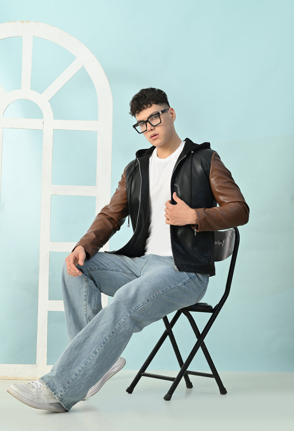 Men Hooded Colourblocked Water Resistant Black&Tan Leather Jacket