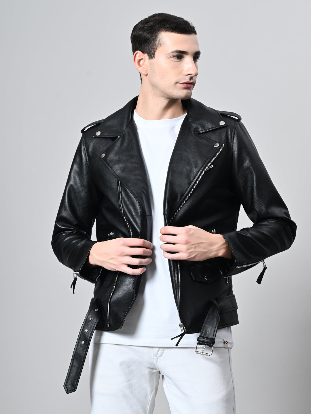Lapel Collar Solid Casual Biker Black Jacket For Men