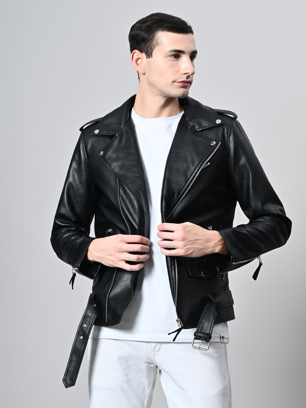 Lapel Collar Solid Casual Biker Black Jacket For Men