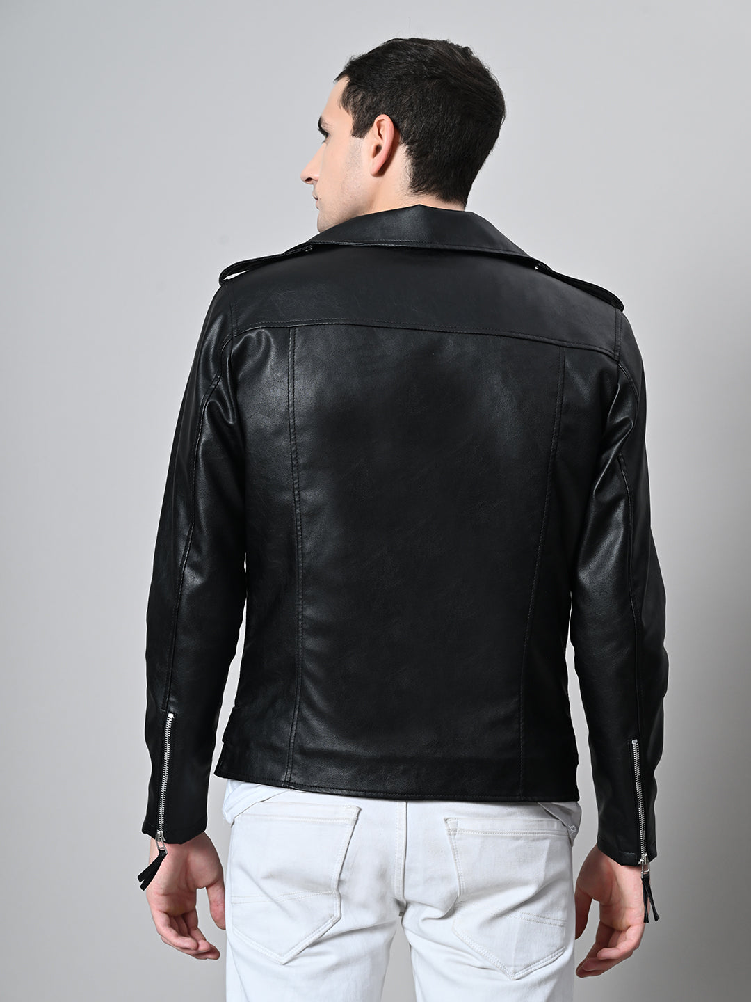 Lapel Collar Solid Casual Biker Black Jacket For Men