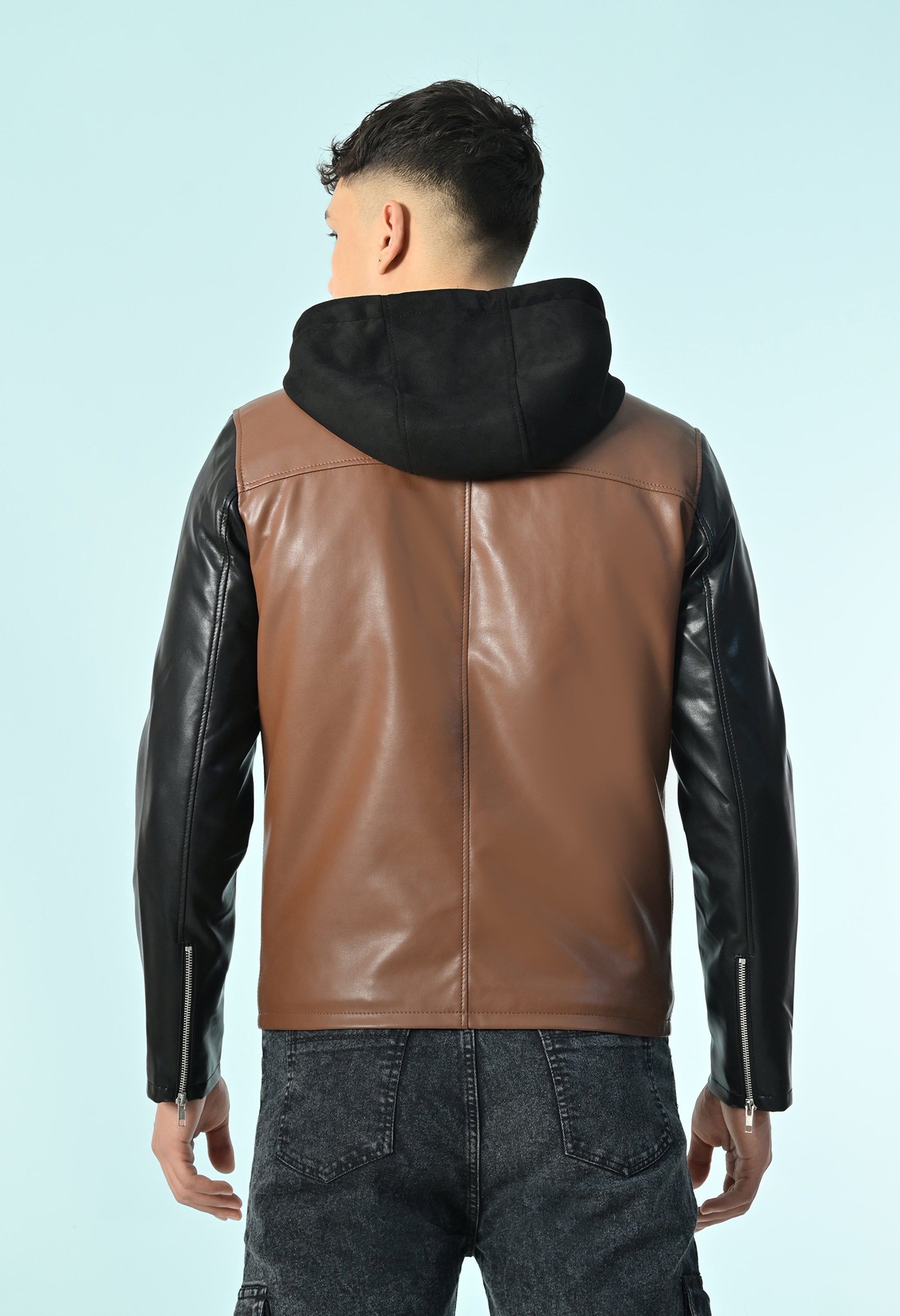 Men Hooded Colourblocked Water Resistant Tan Leather Jacket