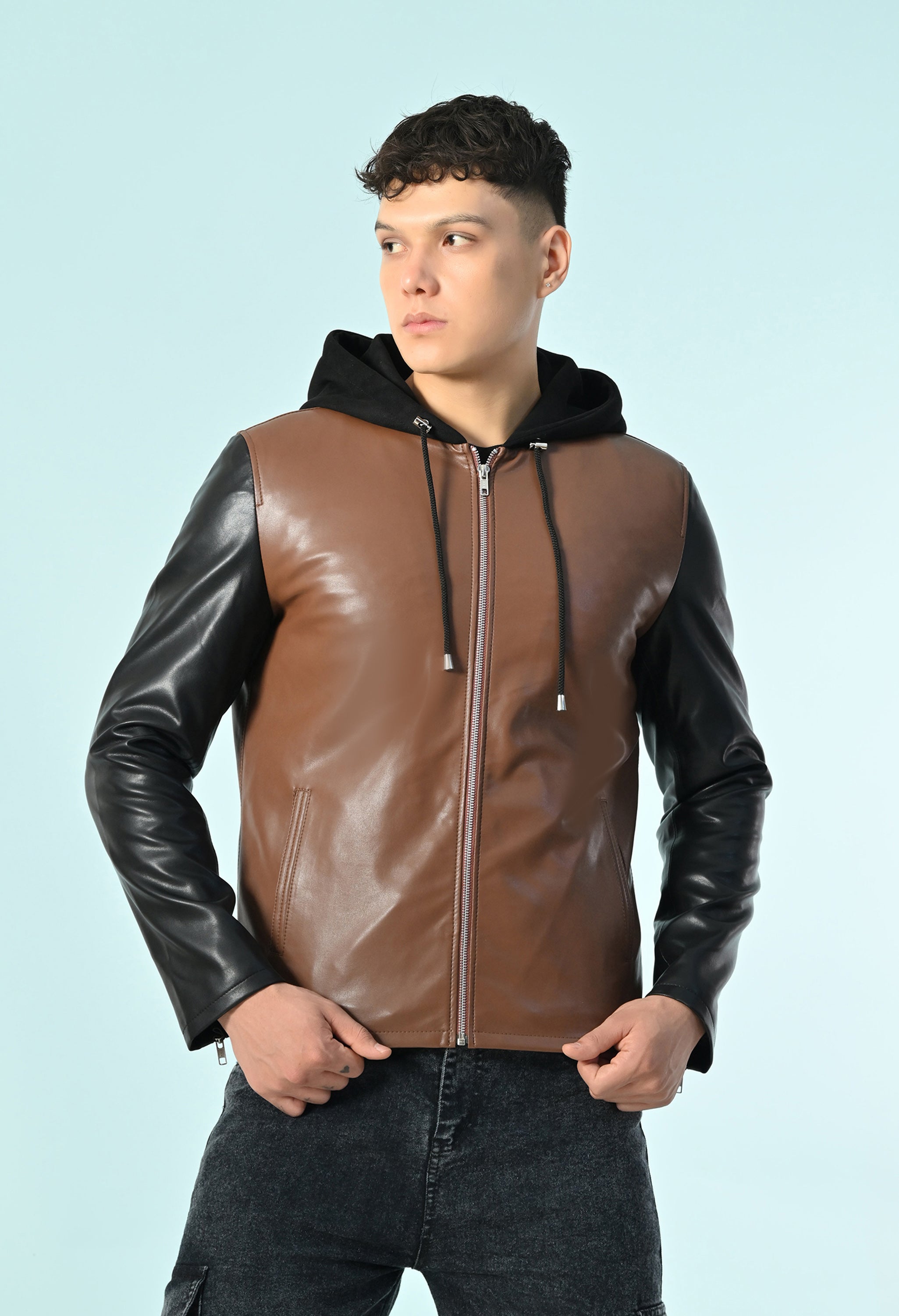 Men Hooded Colourblocked Water Resistant Tan Leather Jacket