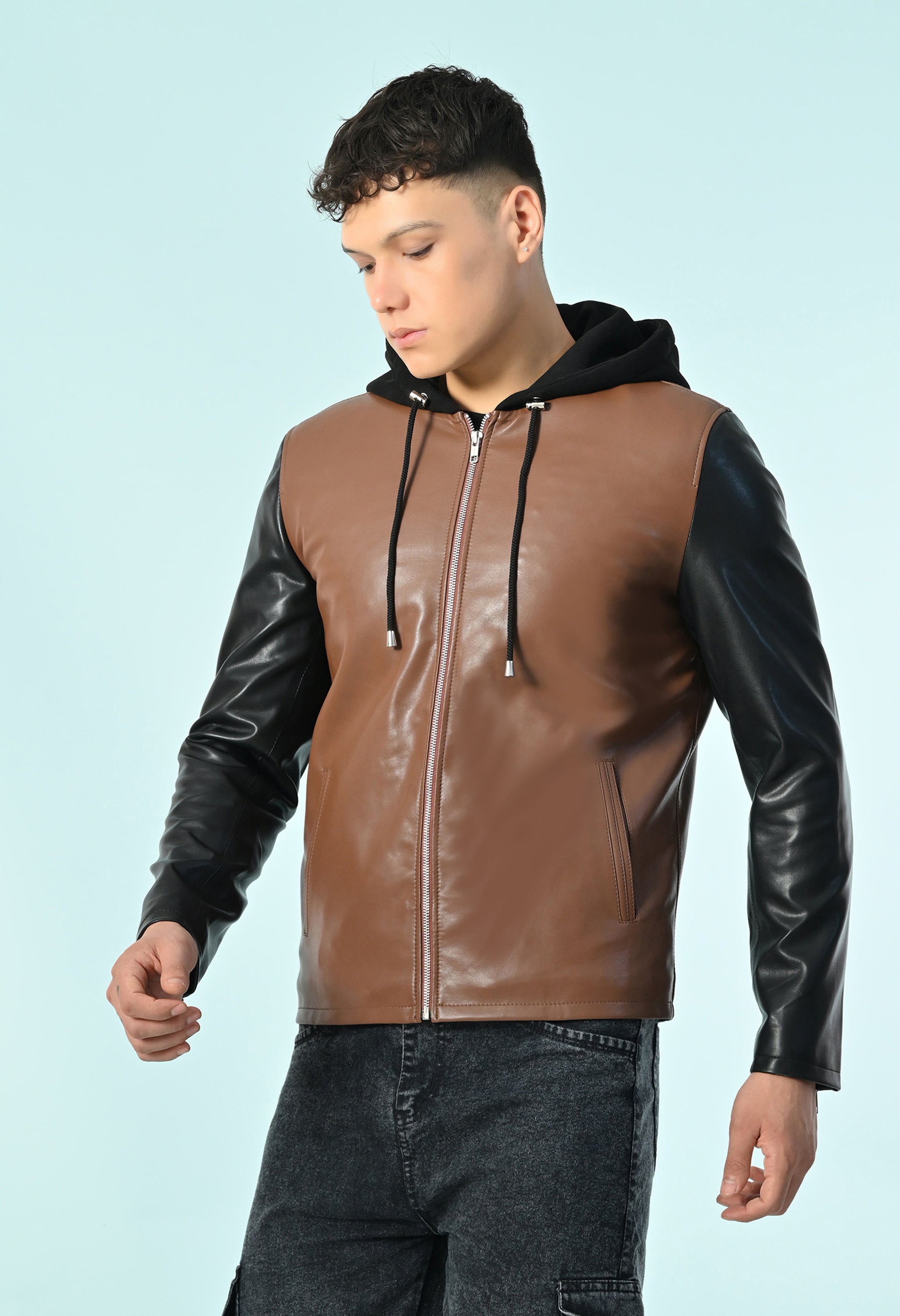 Men Hooded Colourblocked Water Resistant Tan Leather Jacket
