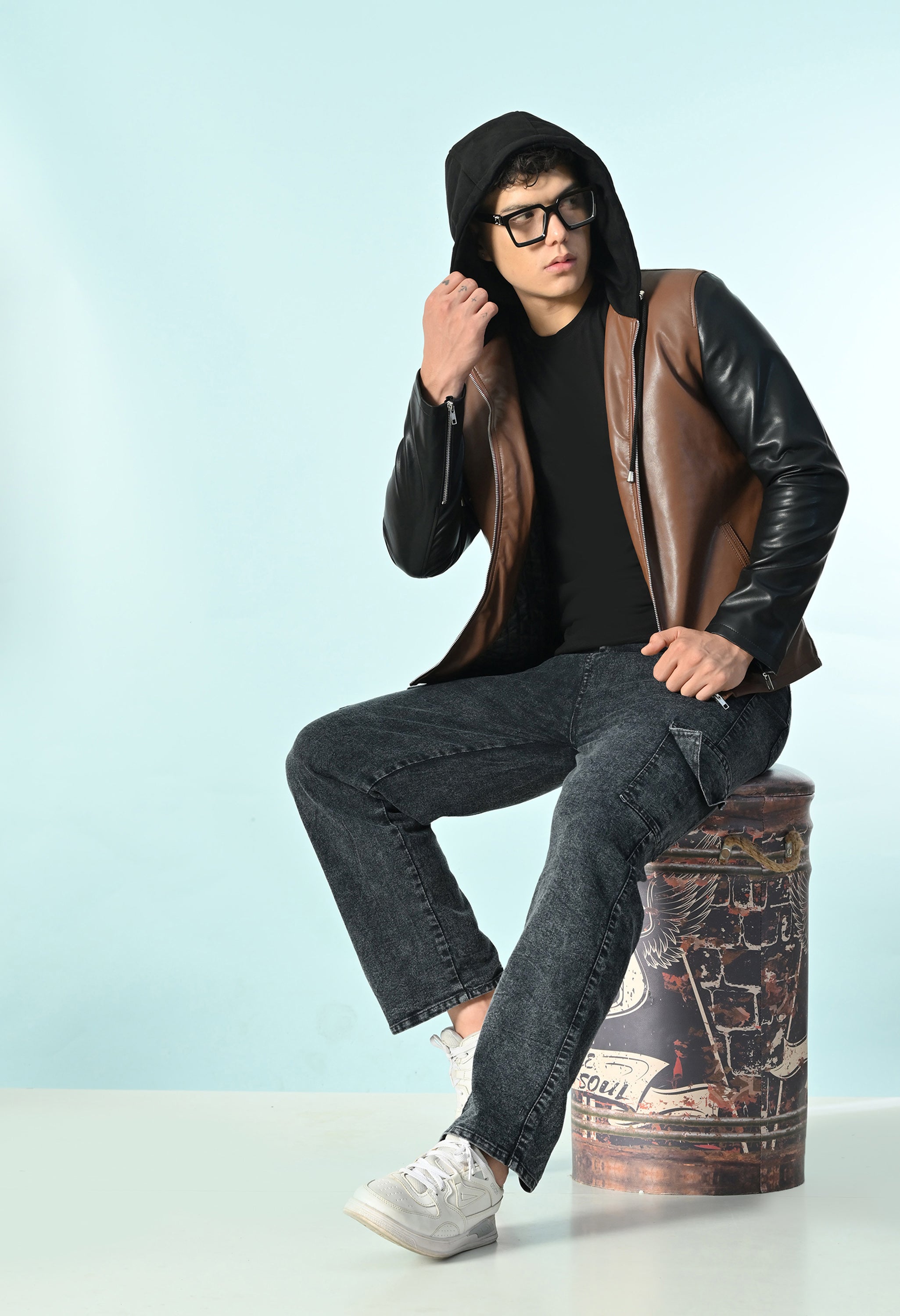 Men Hooded Colourblocked Water Resistant Tan Leather Jacket