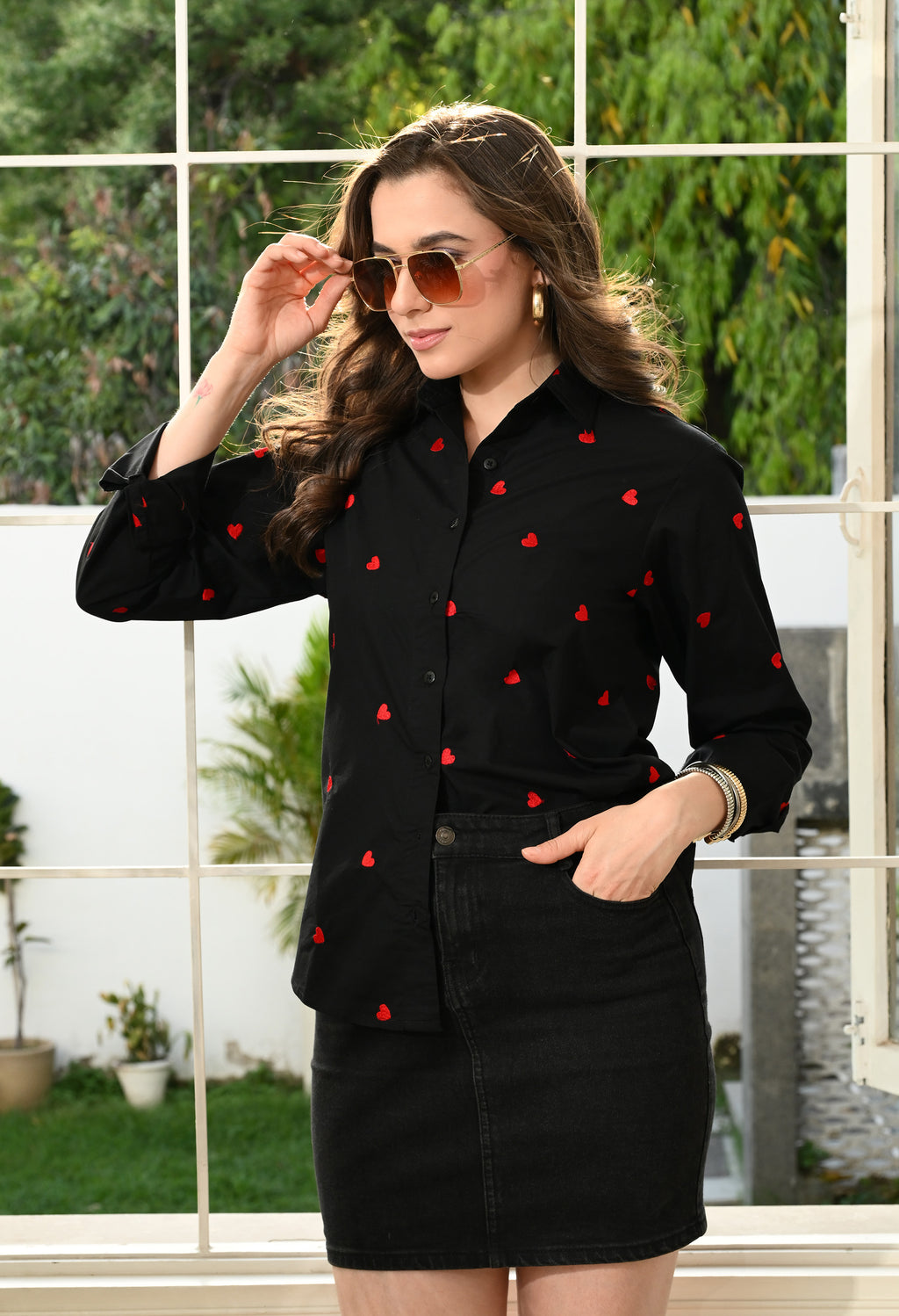 Women Black Heart  Emroidery Comfort Casual Shirts