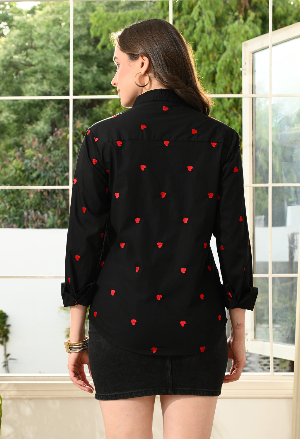 Women Black Heart  Emroidery Comfort Casual Shirts