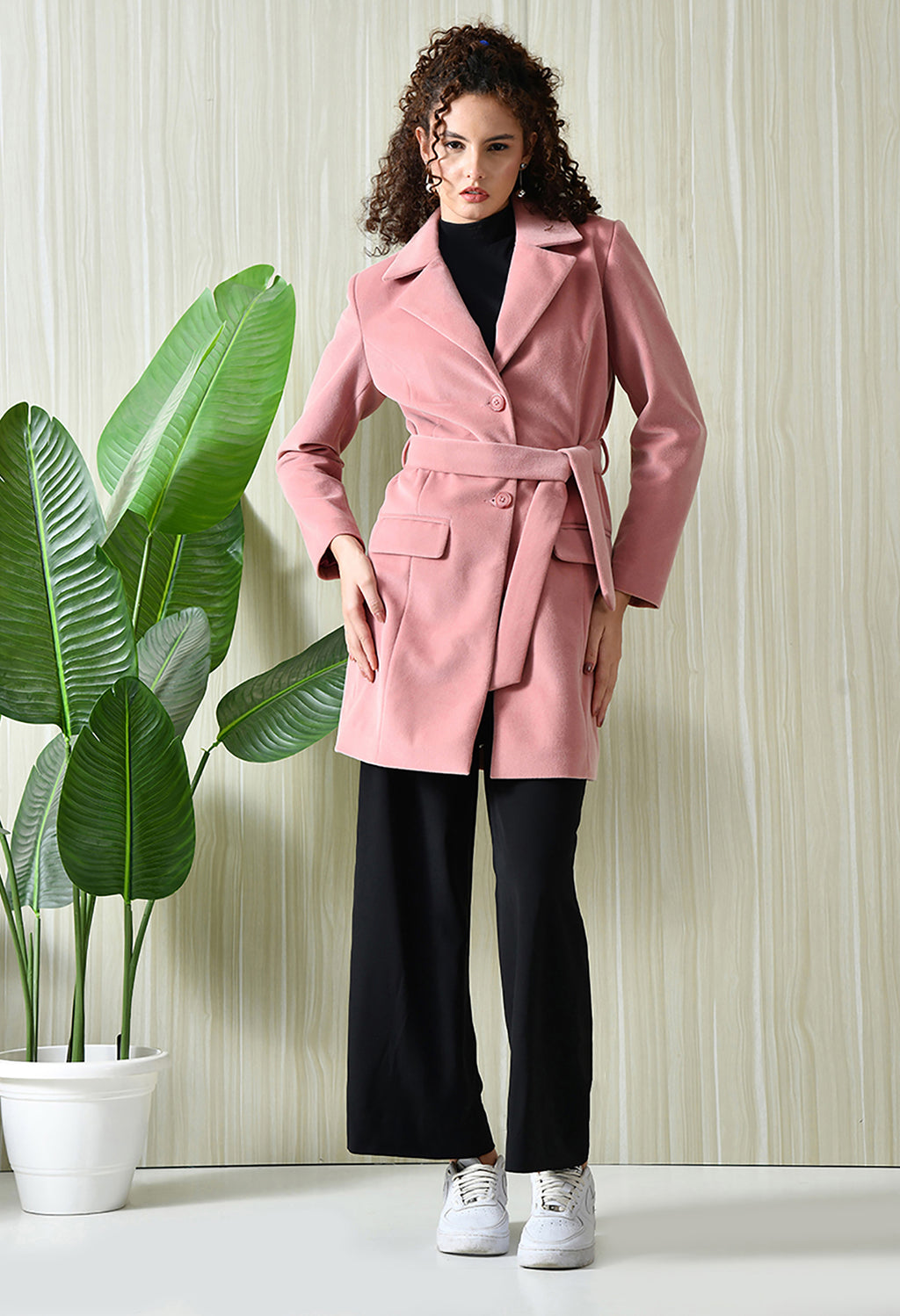 Women Single-Breasted Longline Trench Pink Coat With Belt