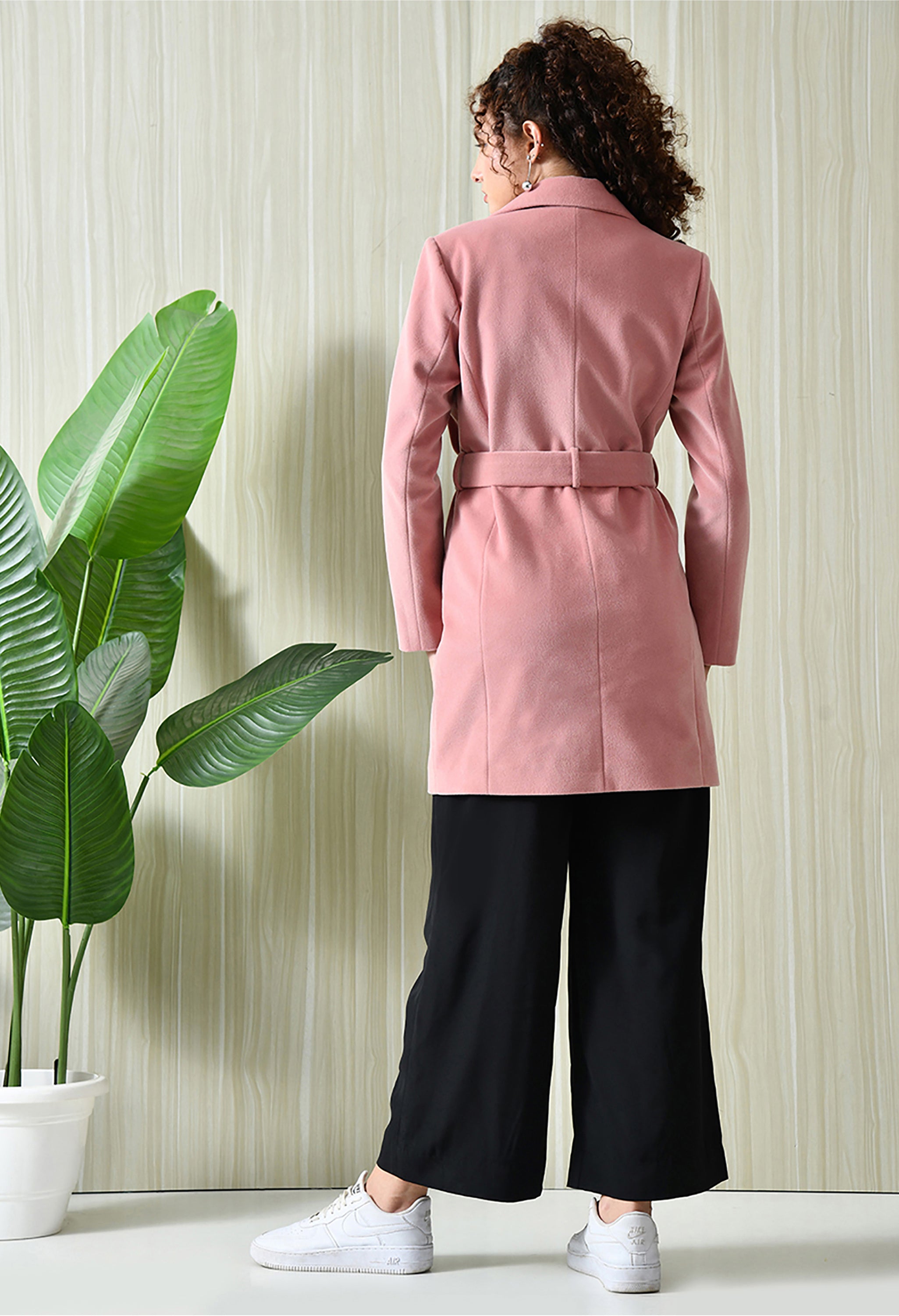 Women Single-Breasted Longline Trench Pink Coat With Belt