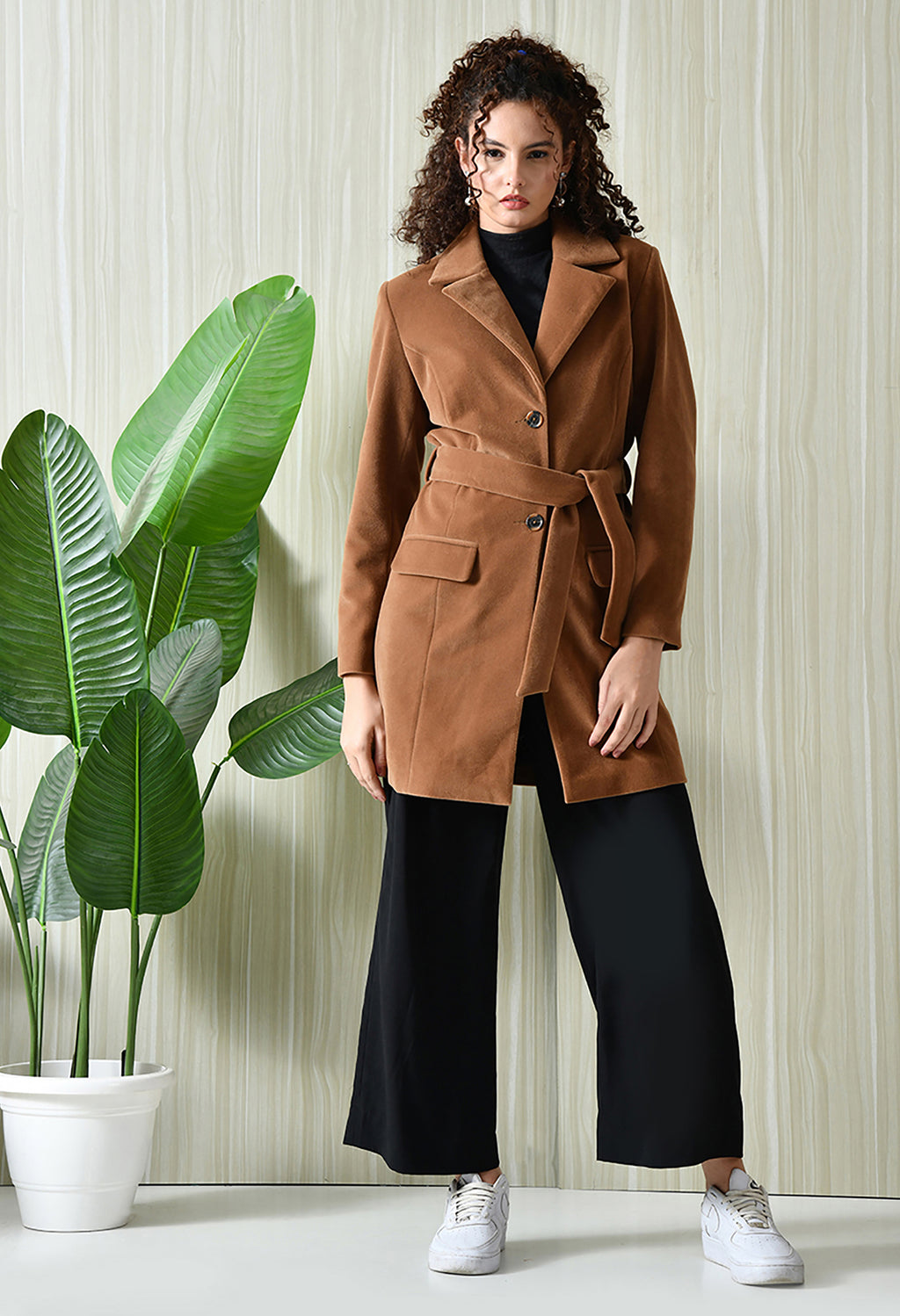 Women Single-Breasted Longline Trench Tan Coat With Belt