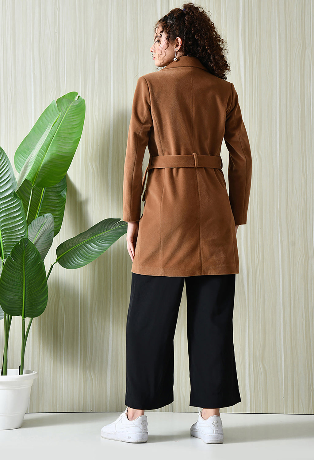 Women Single-Breasted Longline Trench Tan Coat With Belt