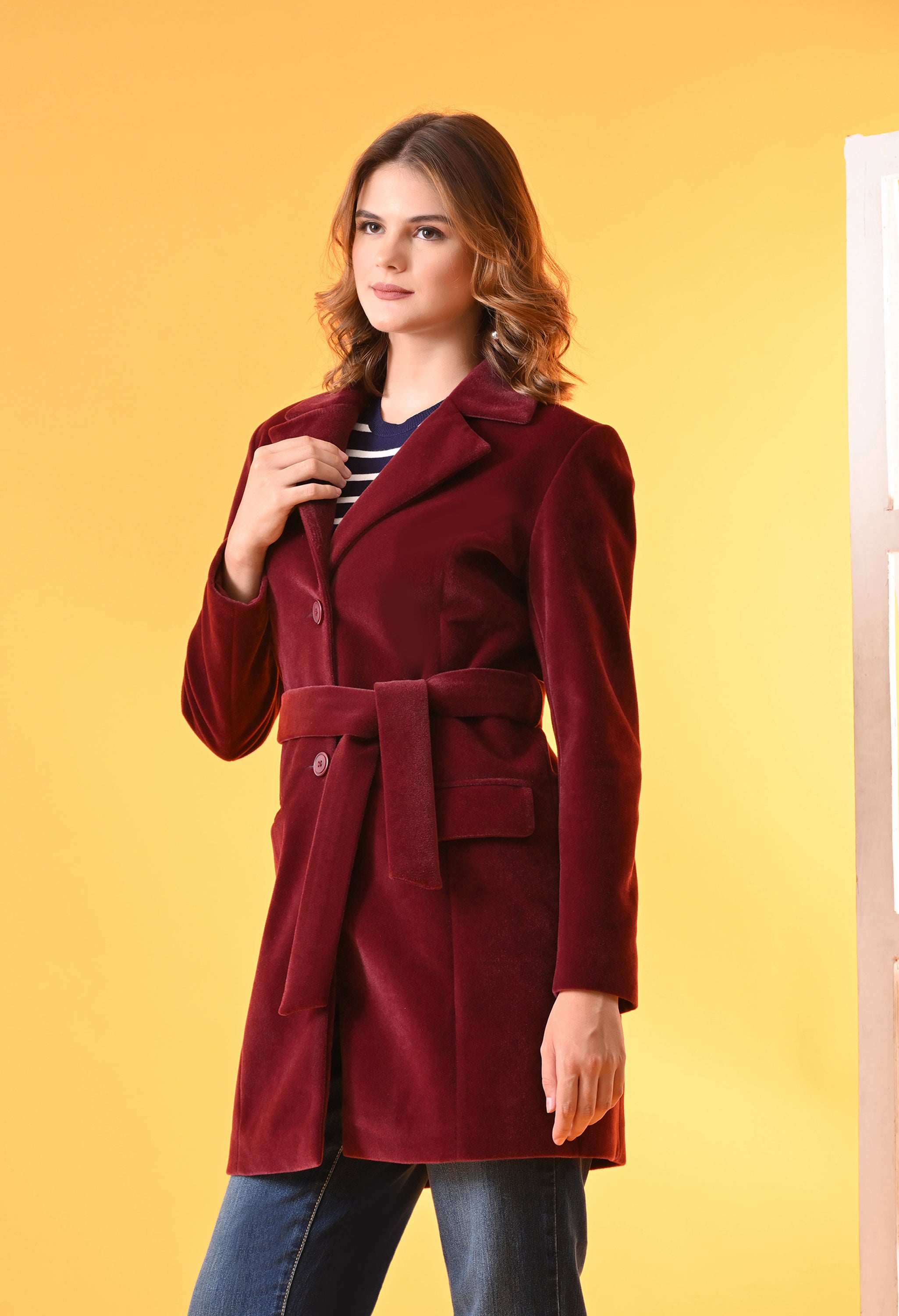 Single-Breasted Maroon Leather Overcoat For Women