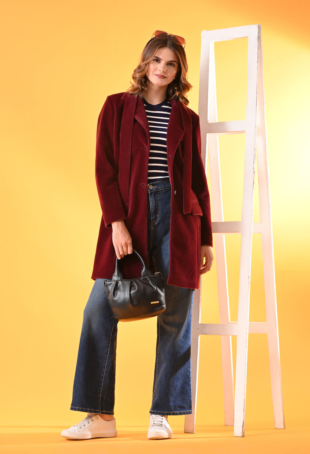 Single-Breasted Maroon Leather Overcoat For Women