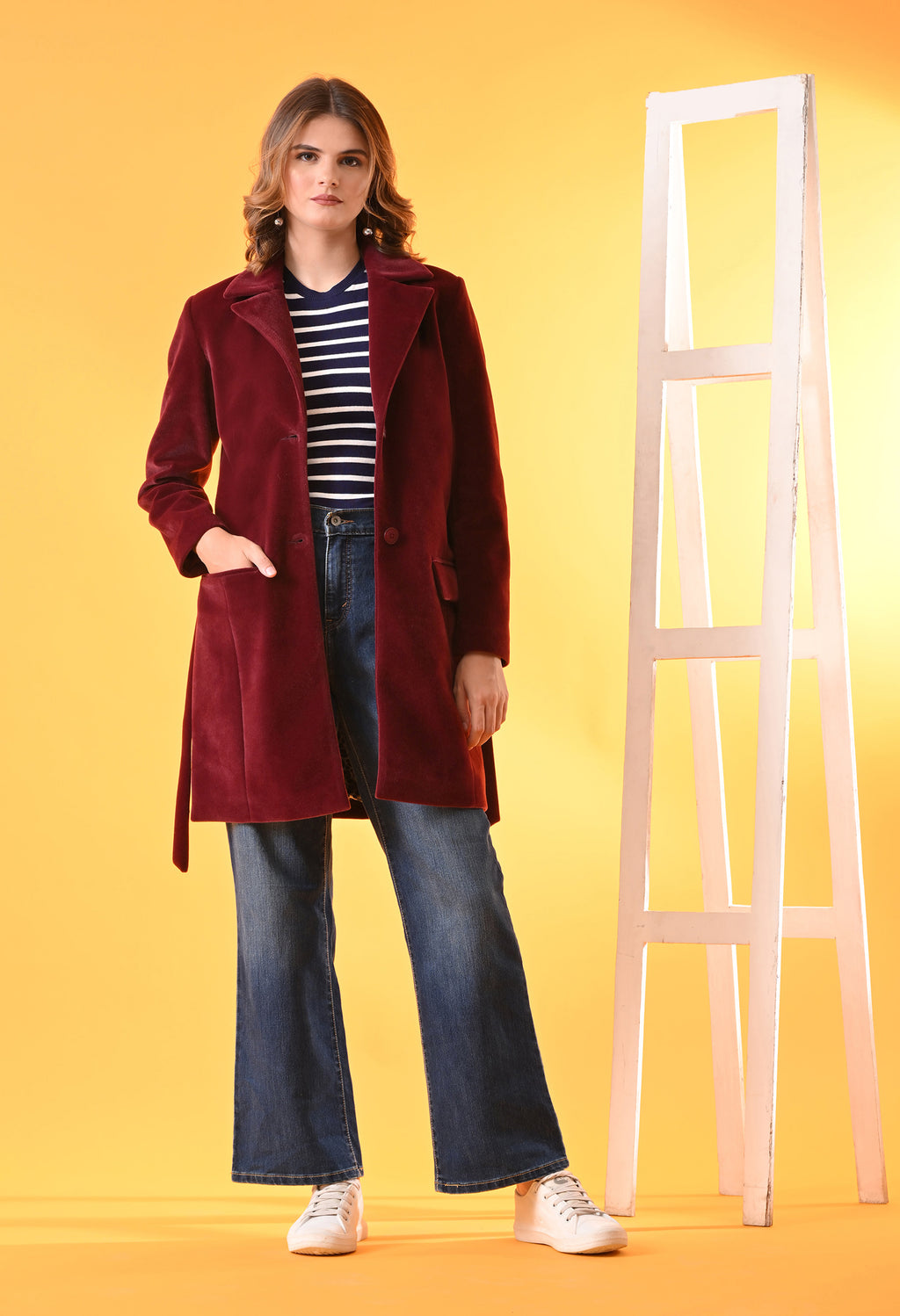 Single-Breasted Maroon Leather Overcoat For Women