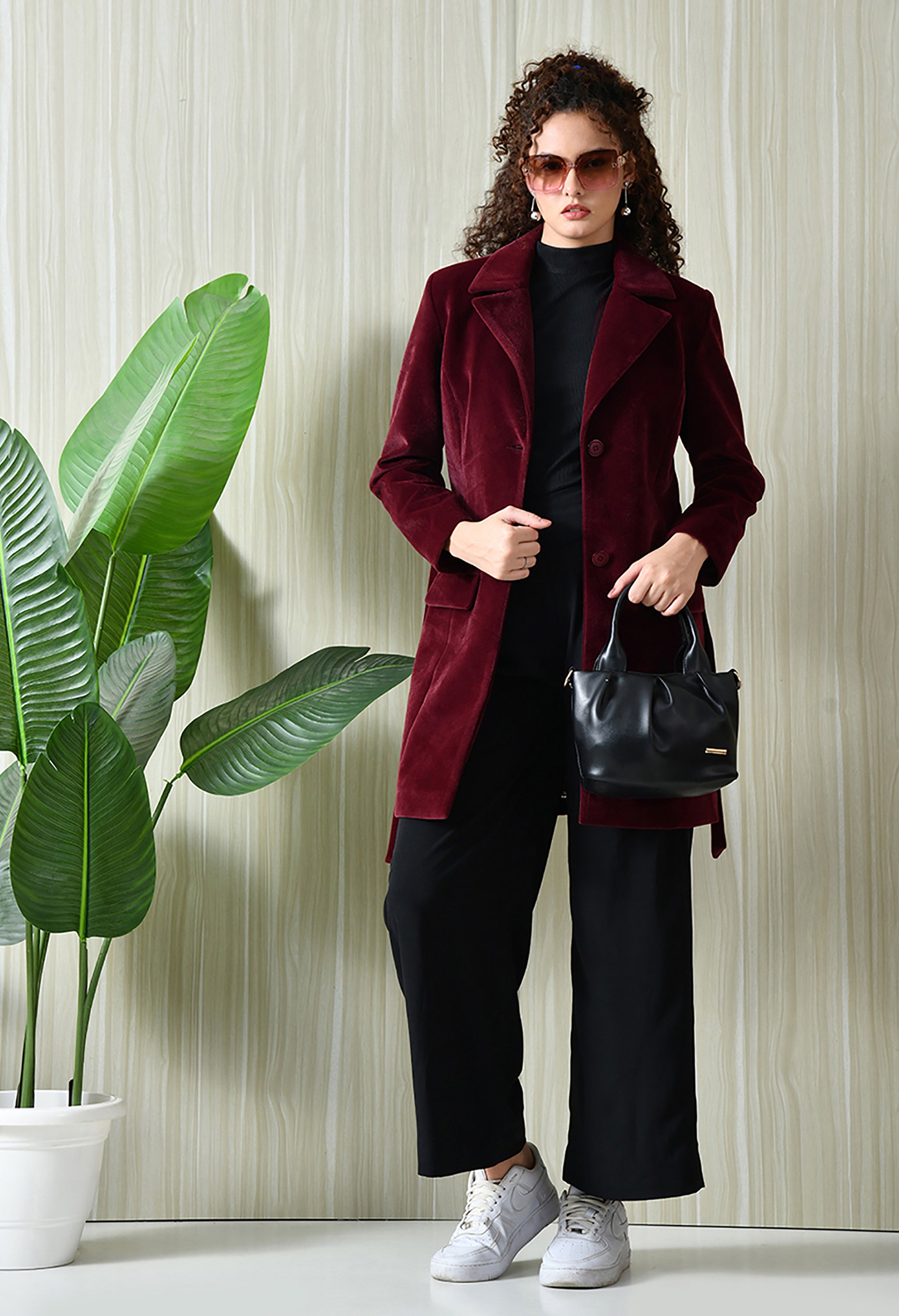 Women Single-Breasted Longline Trench Maroon Coat With Belt