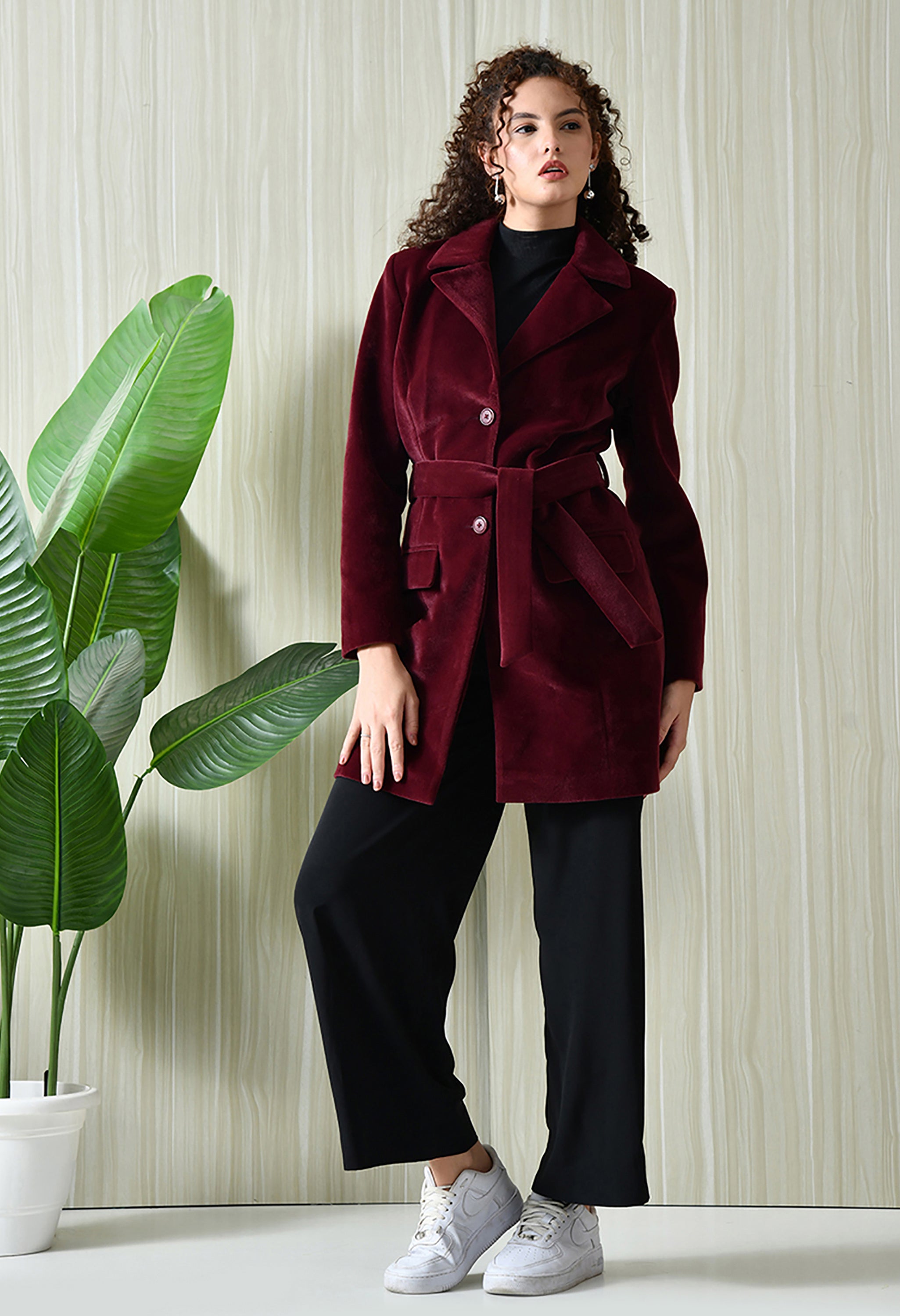 Women Single-Breasted Longline Trench Maroon Coat With Belt