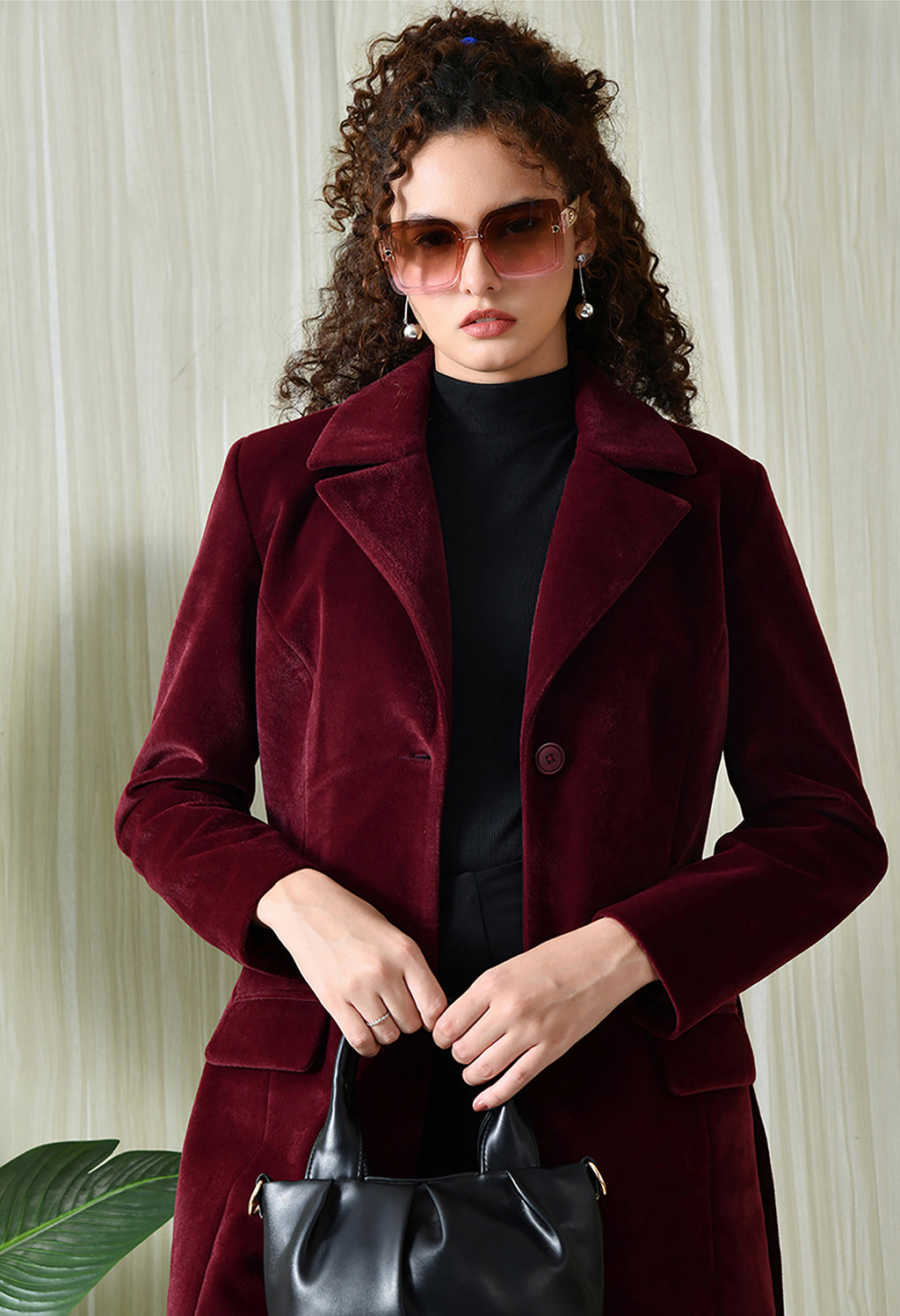 Women Single-Breasted Longline Trench Maroon Coat With Belt