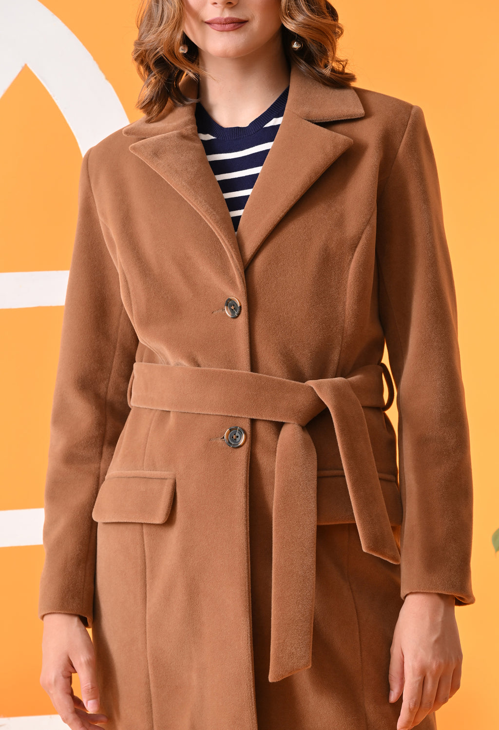 Single-Breasted Tan Leather Overcoat For Women